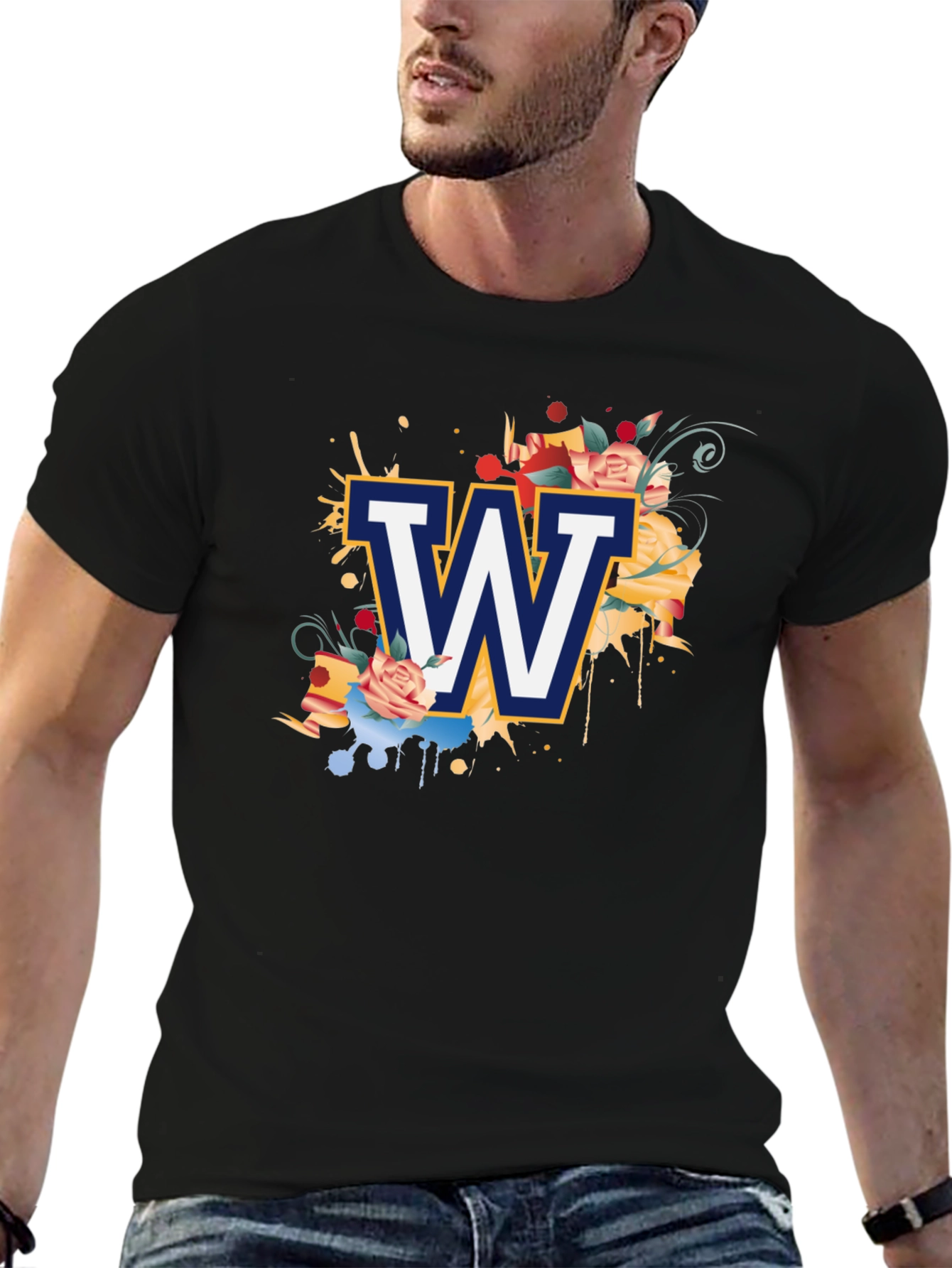 Floral W Letter Graphic Black T-Shirt