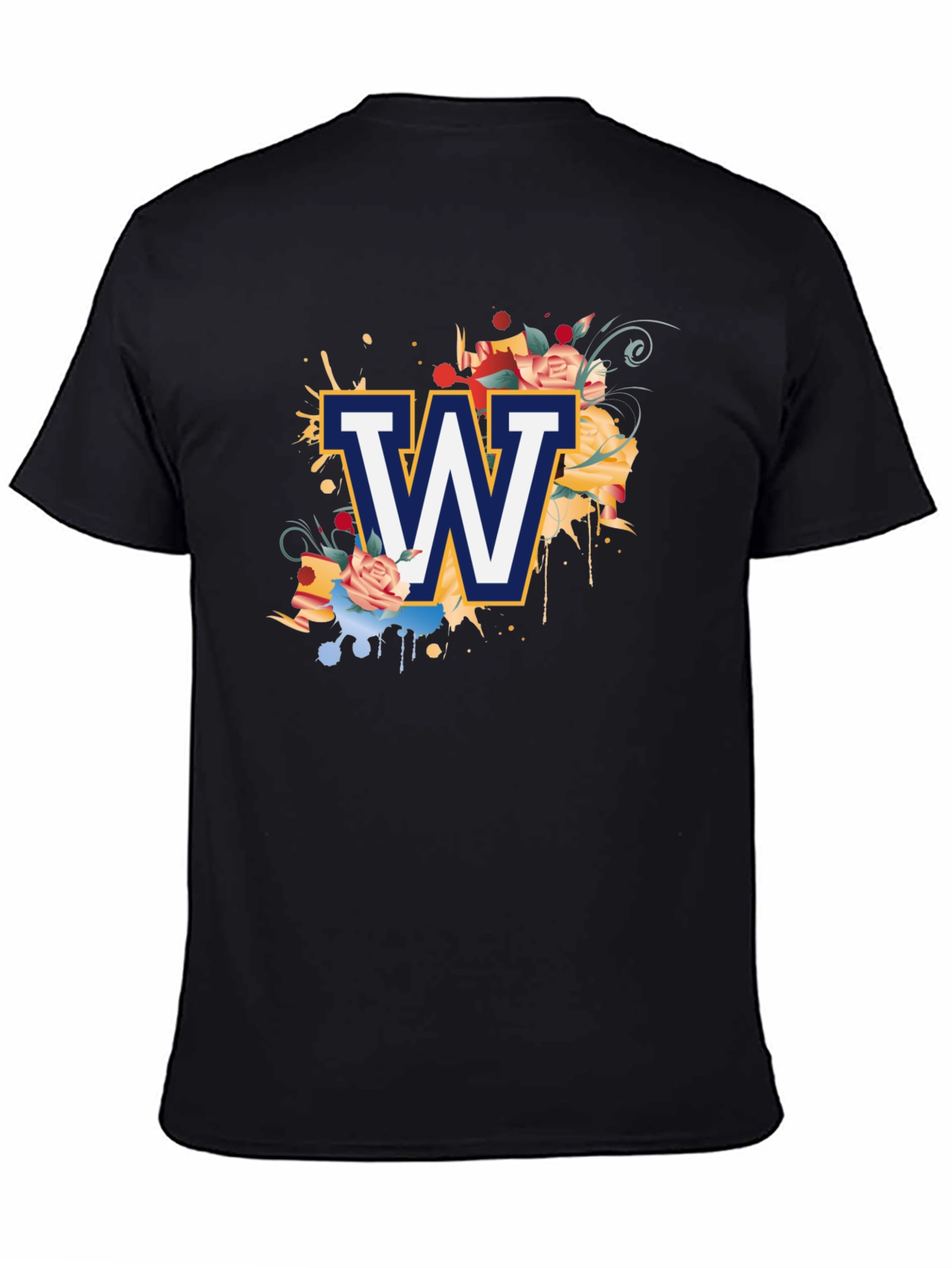 Floral W Letter Graphic Black T-Shirt