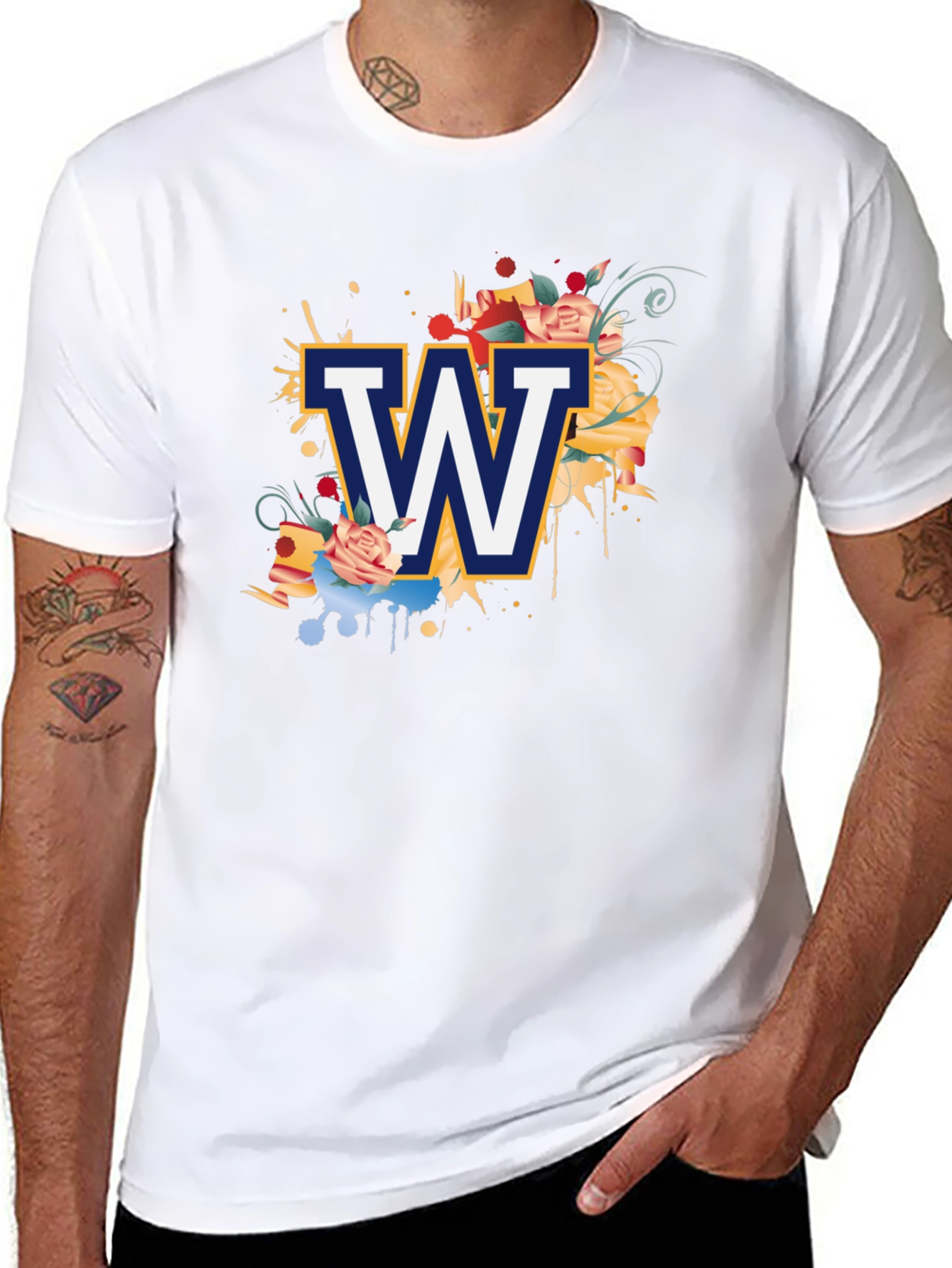 Floral W Letter Graphic Black T-Shirt