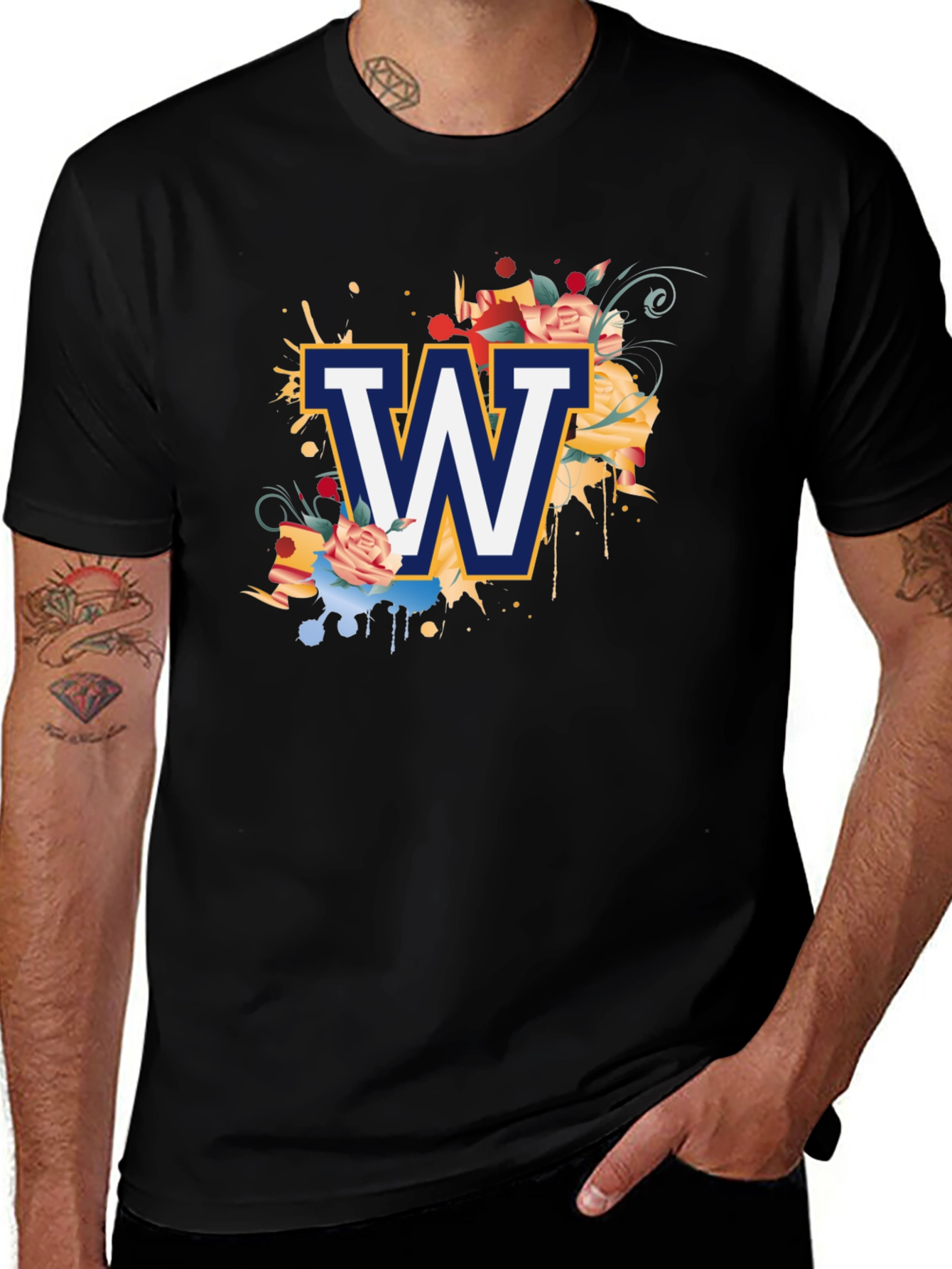 Floral W Letter Graphic Black T-Shirt