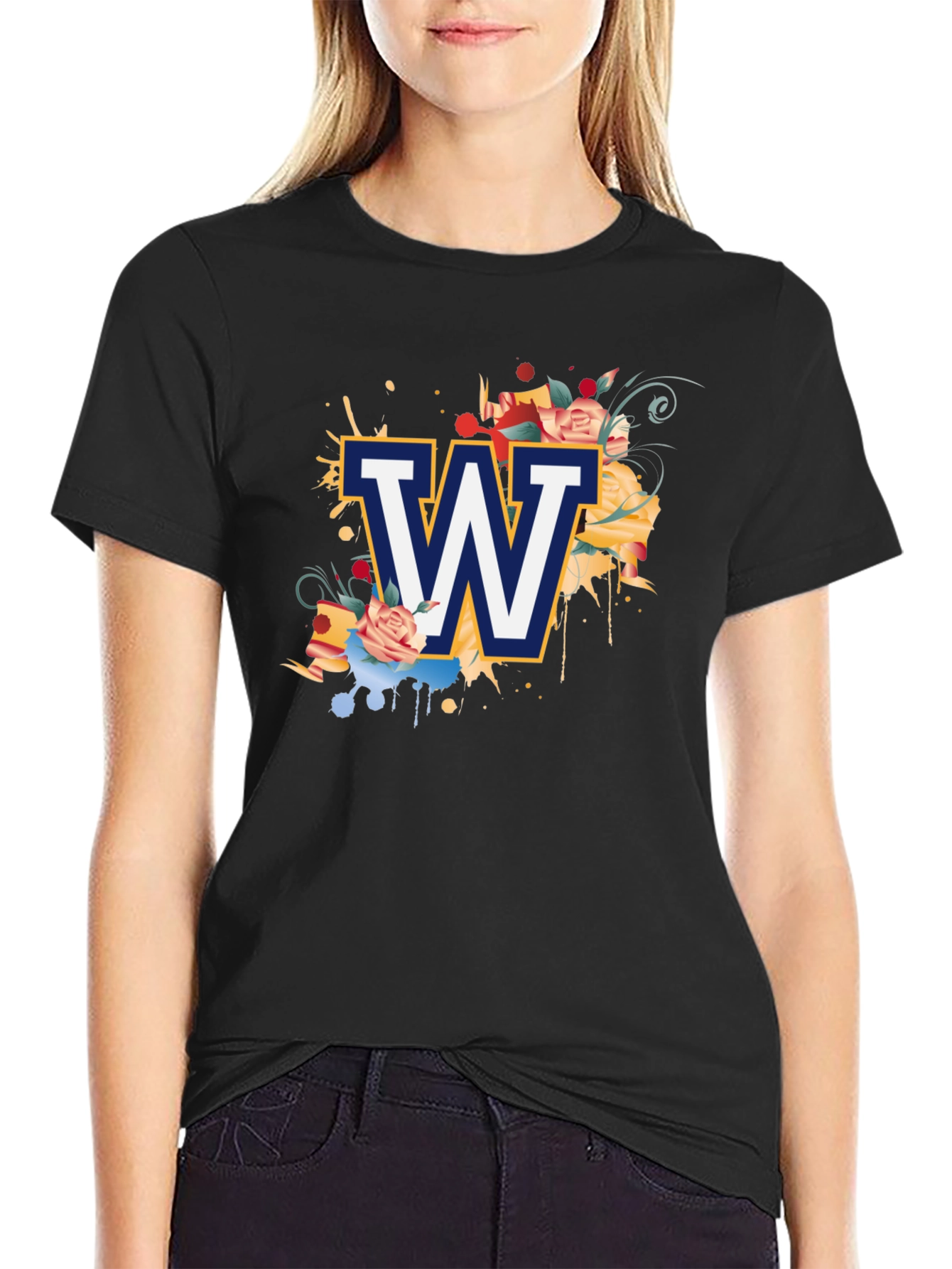 Floral W Letter Graphic Black T-Shirt