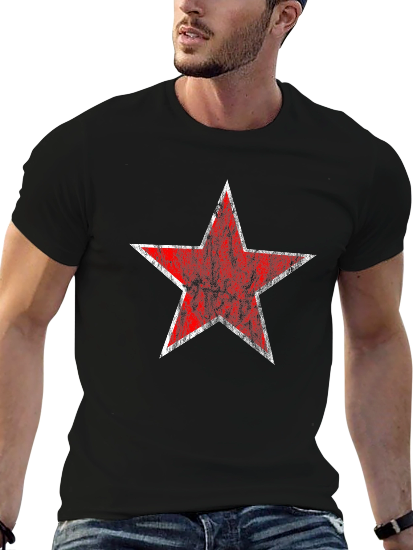 Distressed Red Star Graphic Black T-Shirt