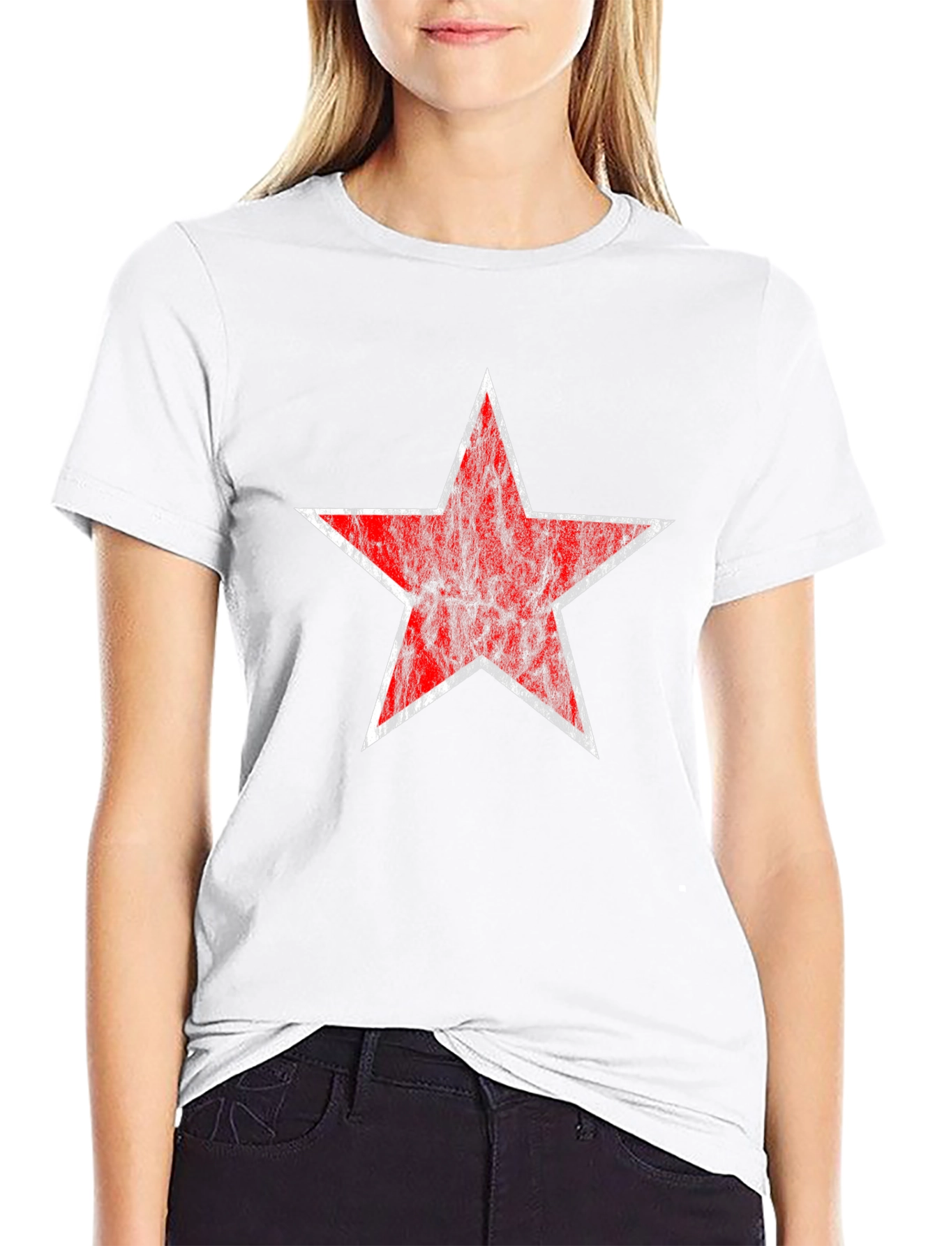 Distressed Red Star Graphic Black T-Shirt