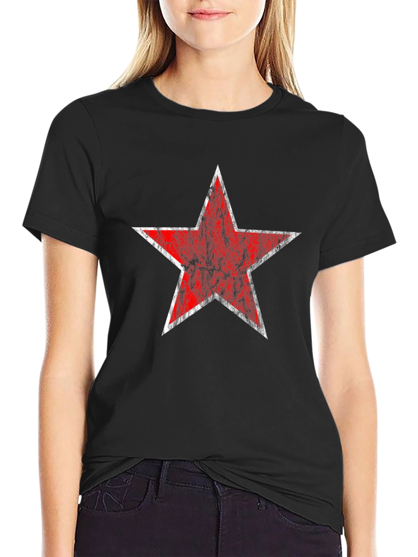 Distressed Red Star Graphic Black T-Shirt
