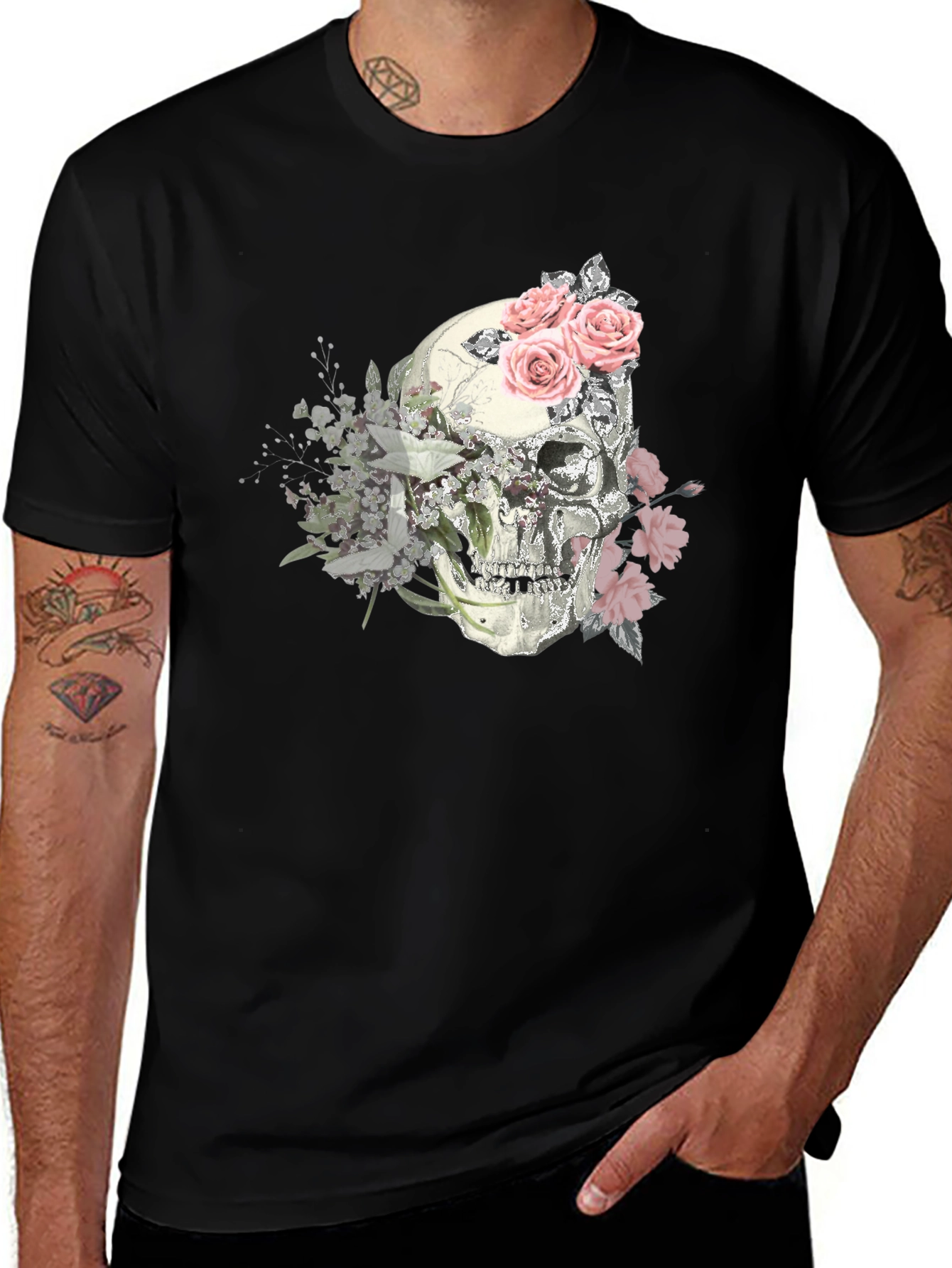 Floral Skull Graphic Tee - Stylish Mens T-Shirt