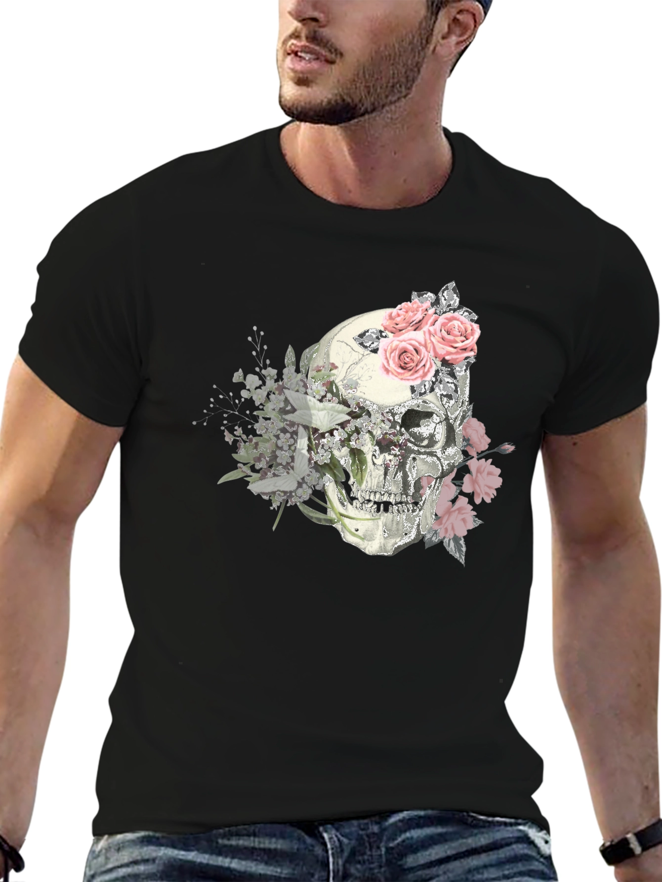 Floral Skull Graphic Tee - Stylish Mens T-Shirt