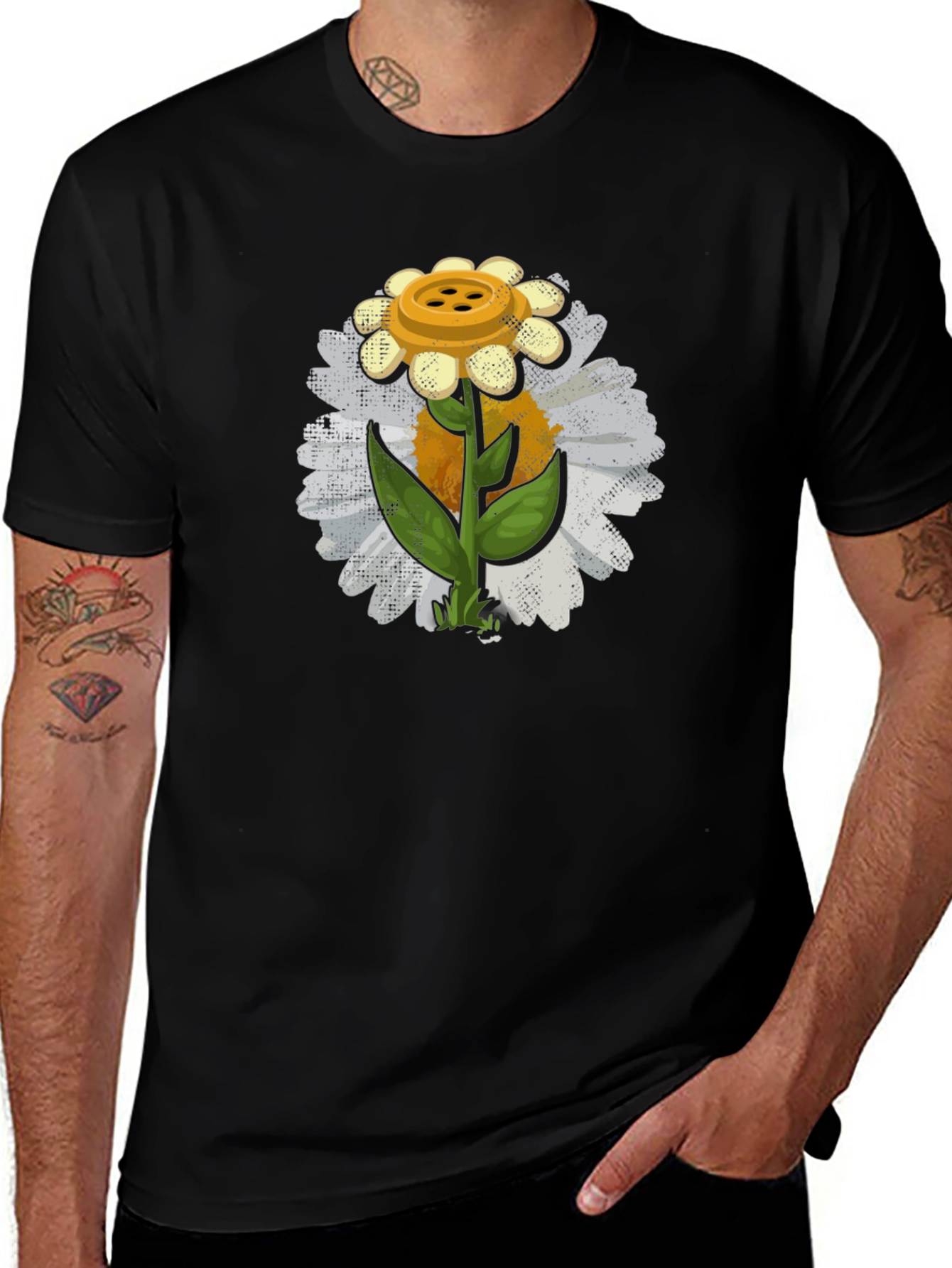 Button Daisy Graphic T-Shirt - Black