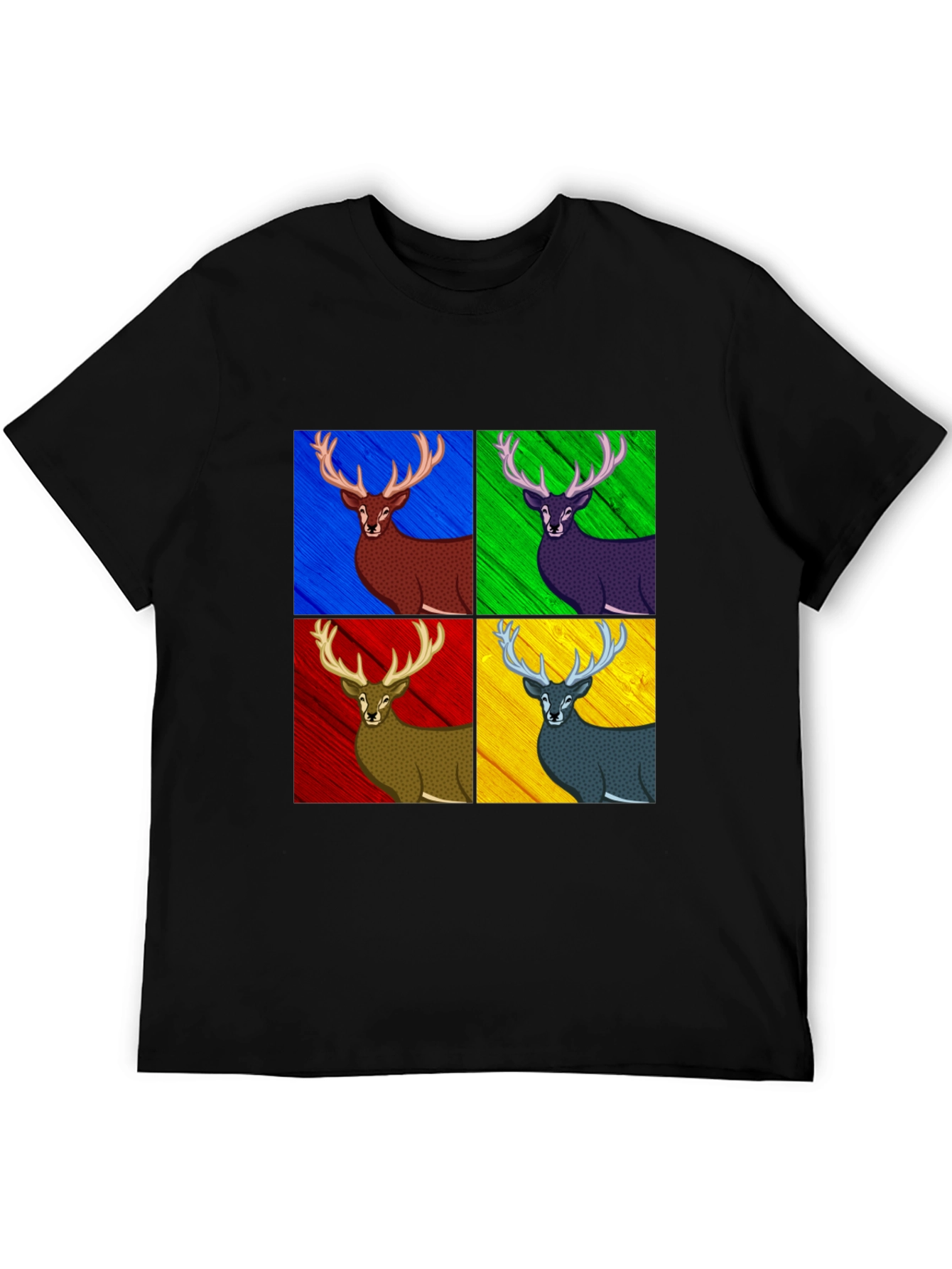 Pop Art Deer Graphic Tee - Black Cotton Blend