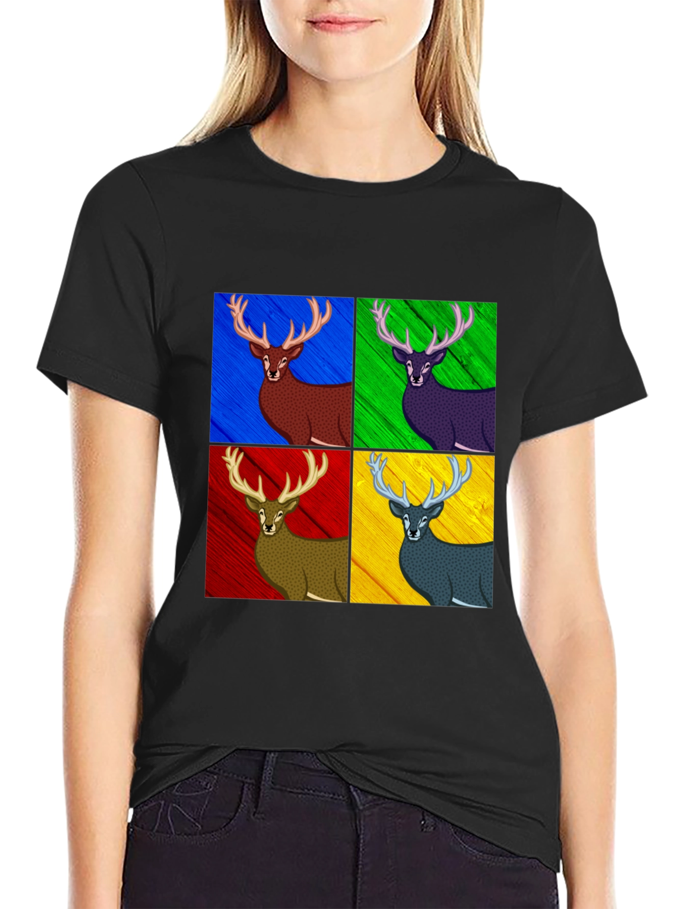 Pop Art Deer Graphic Tee - Black Cotton Blend