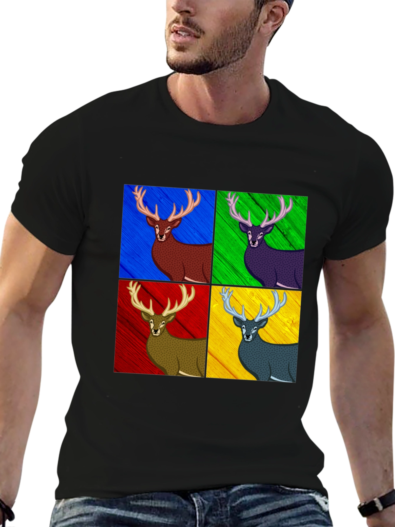 Pop Art Deer Graphic Tee - Black Cotton Blend