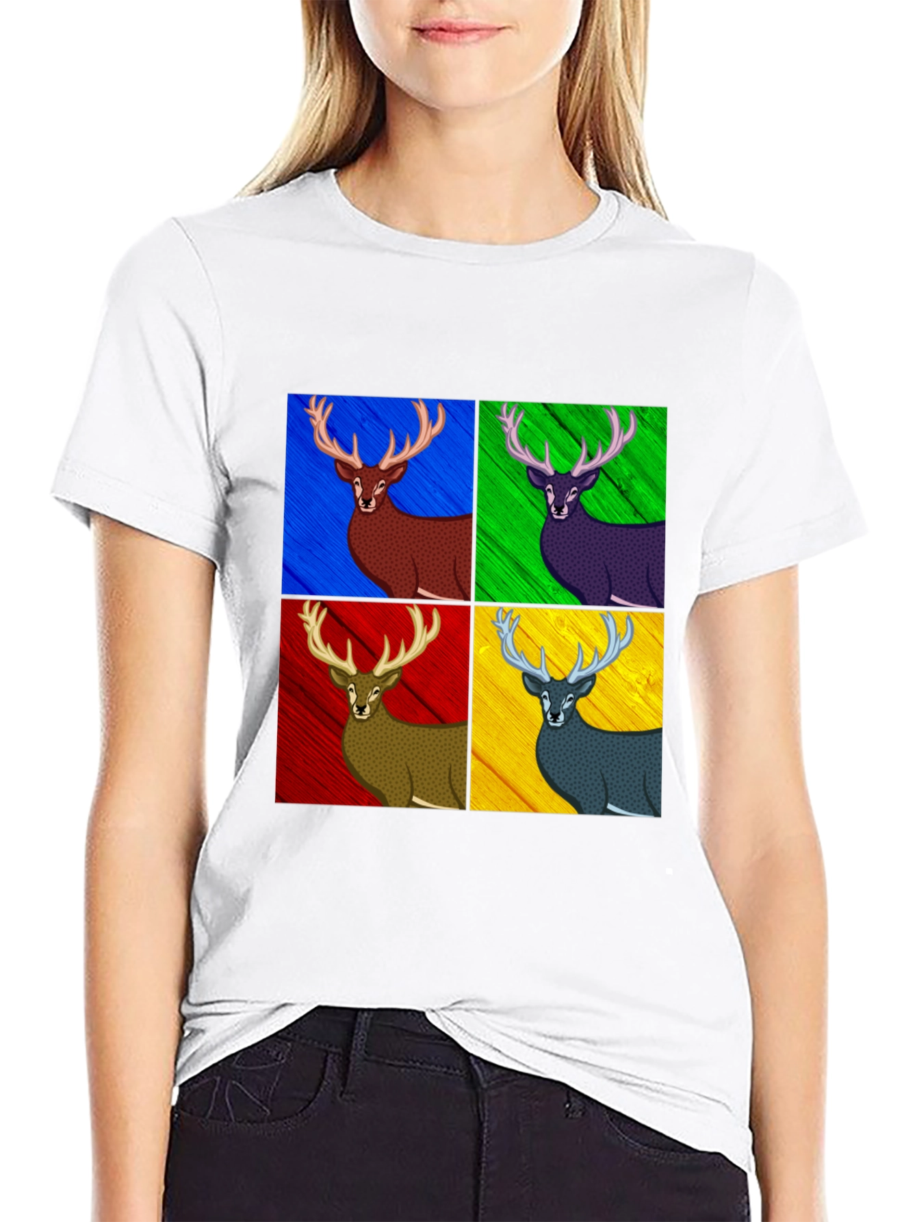 Pop Art Deer Graphic Tee - Black Cotton Blend