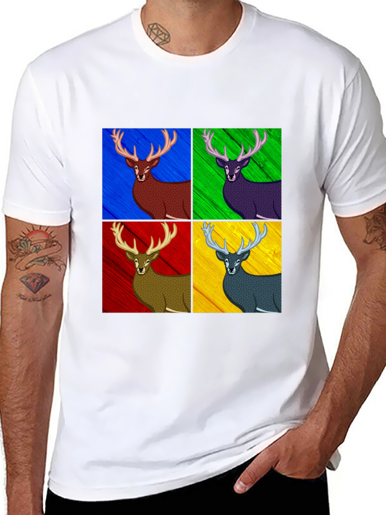 Pop Art Deer Graphic Tee - Black Cotton Blend