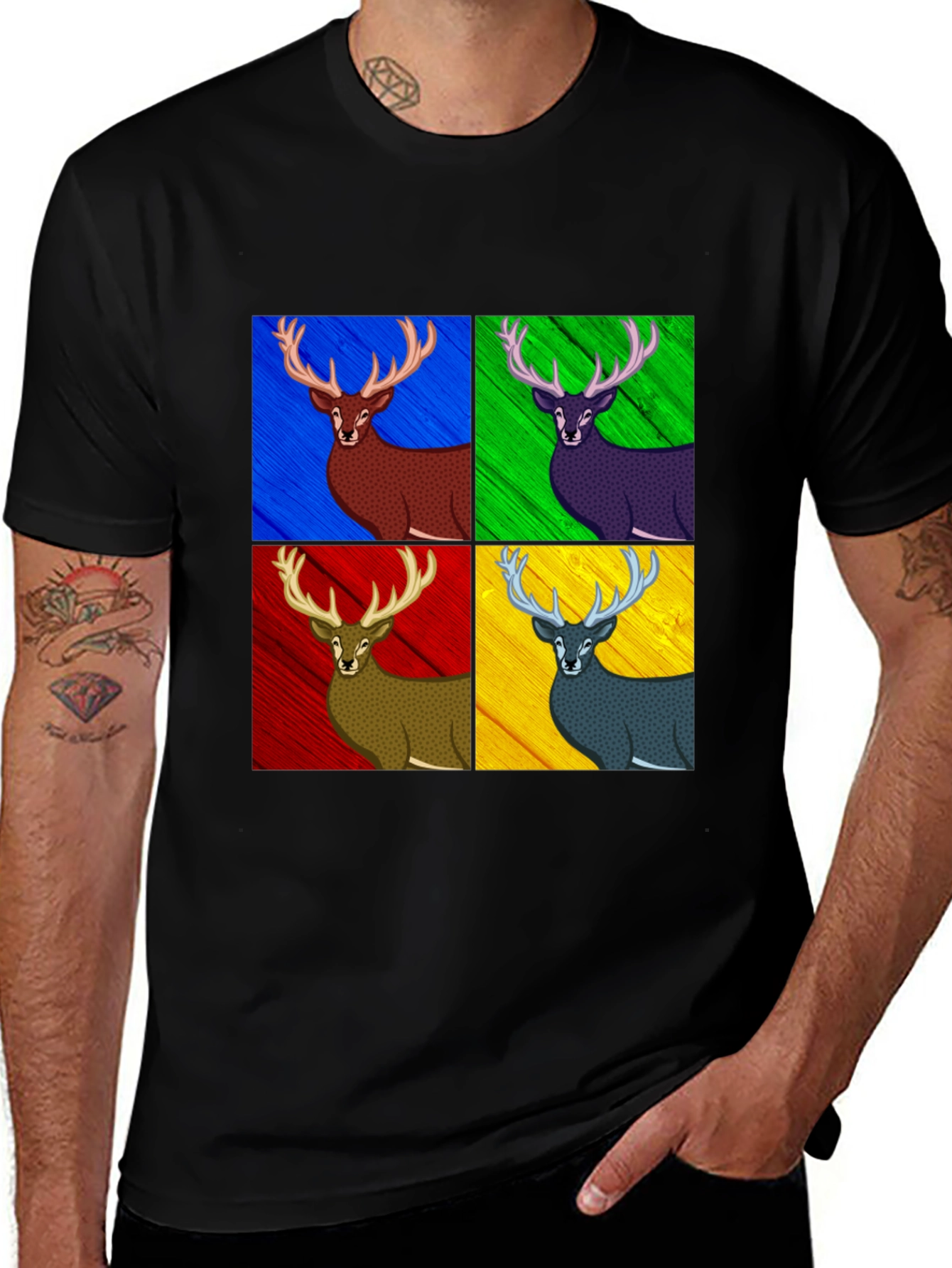 Pop Art Deer Graphic Tee - Black Cotton Blend