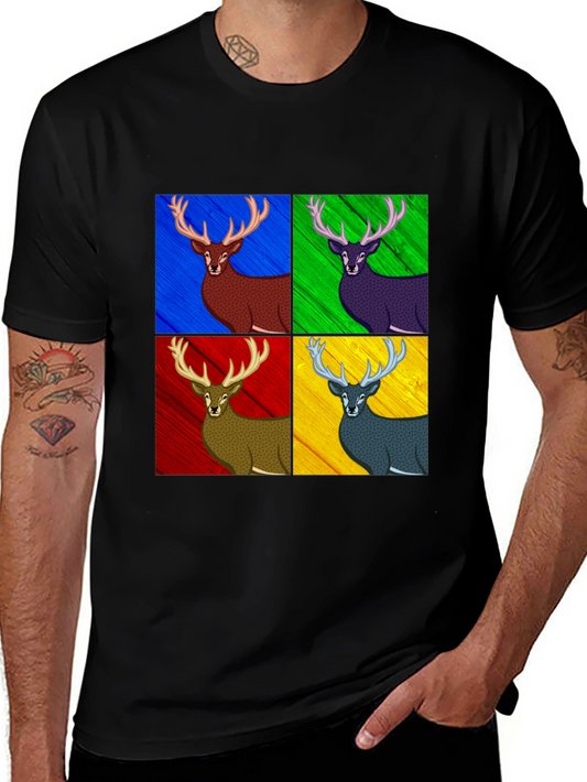 Pop Art Deer Graphic Tee - Black Cotton Blend