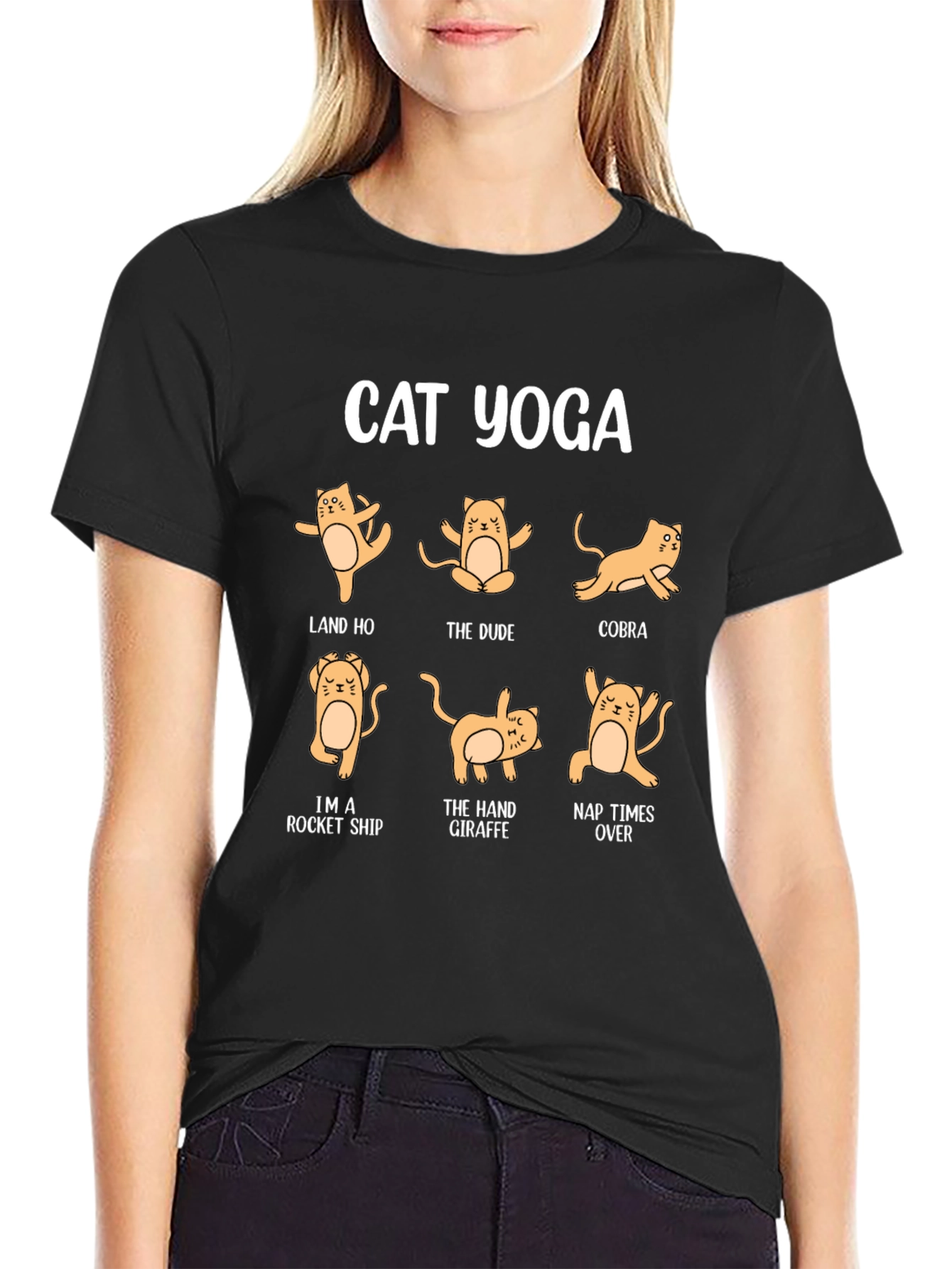 Cat Yoga Black Graphic T-Shirt