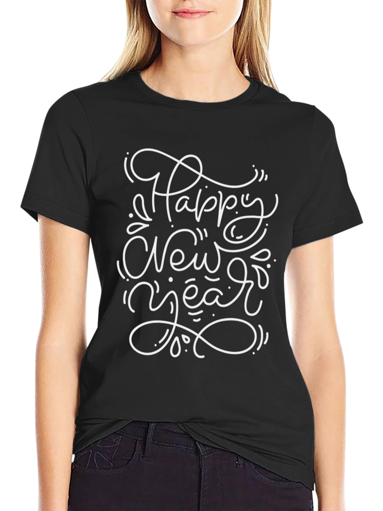 Happy New Year Graphic Black T-Shirt