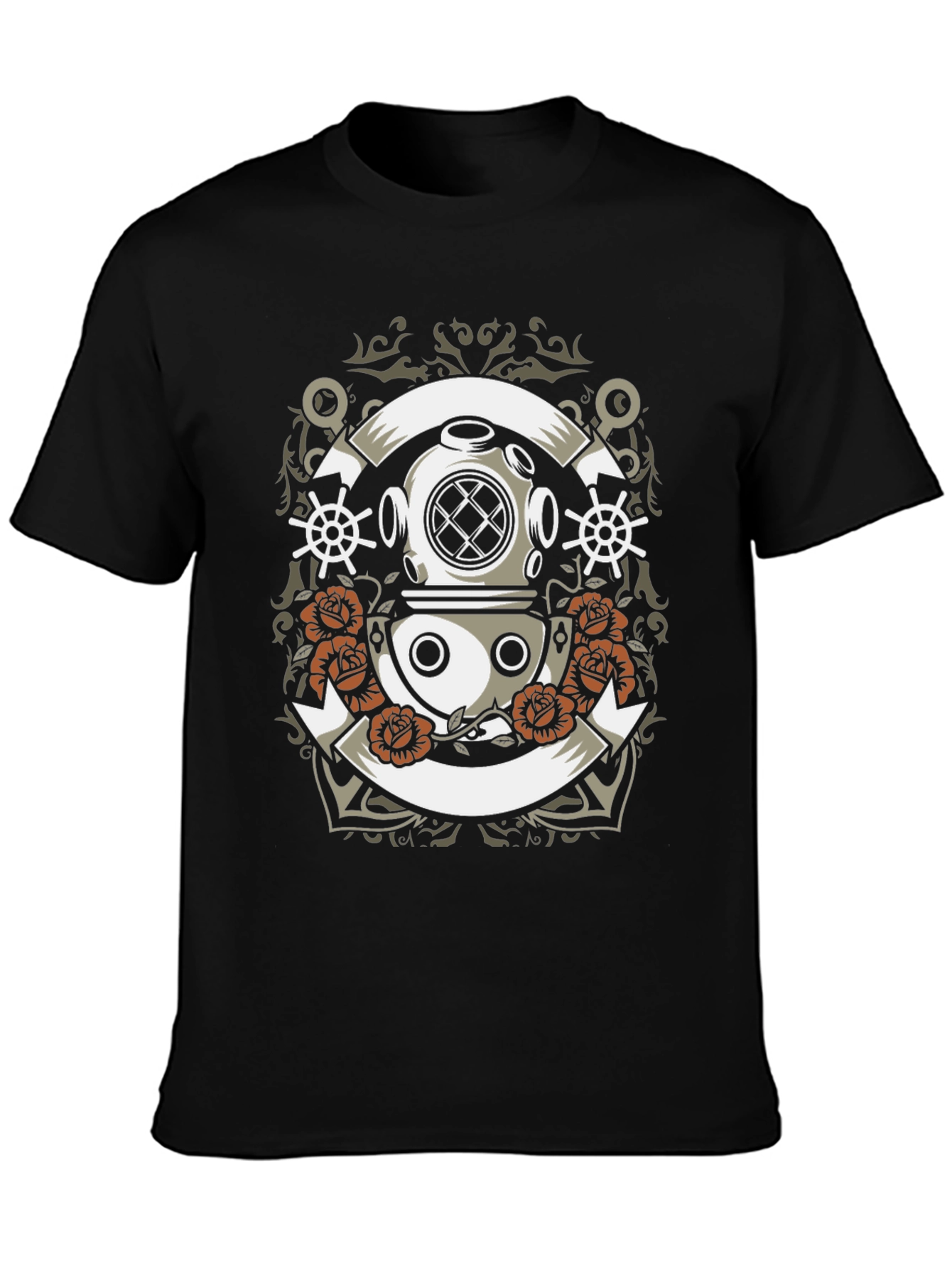 Diver Helmet & Roses Graphic Tee - Black