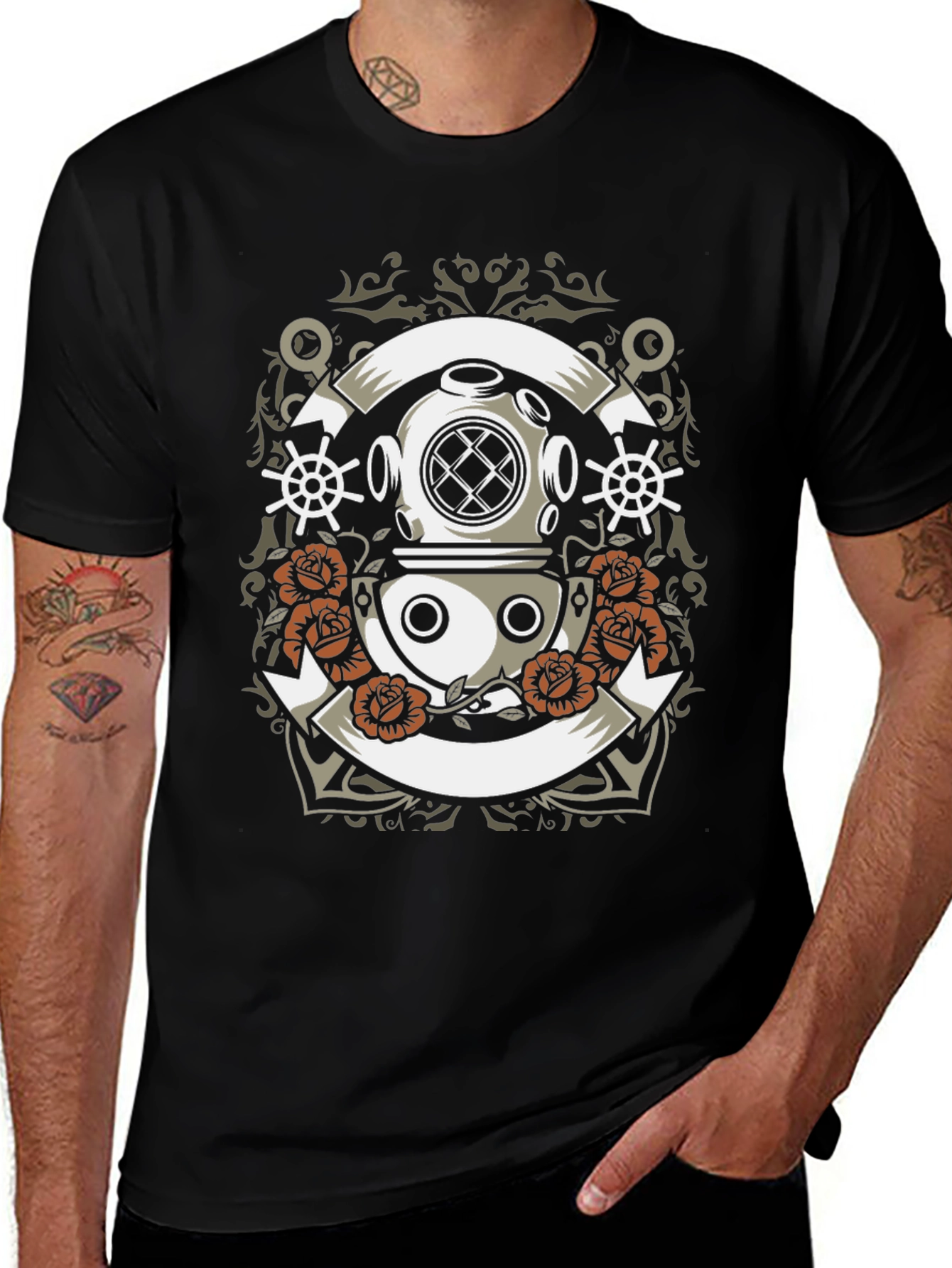 Diver Helmet & Roses Graphic Tee - Black