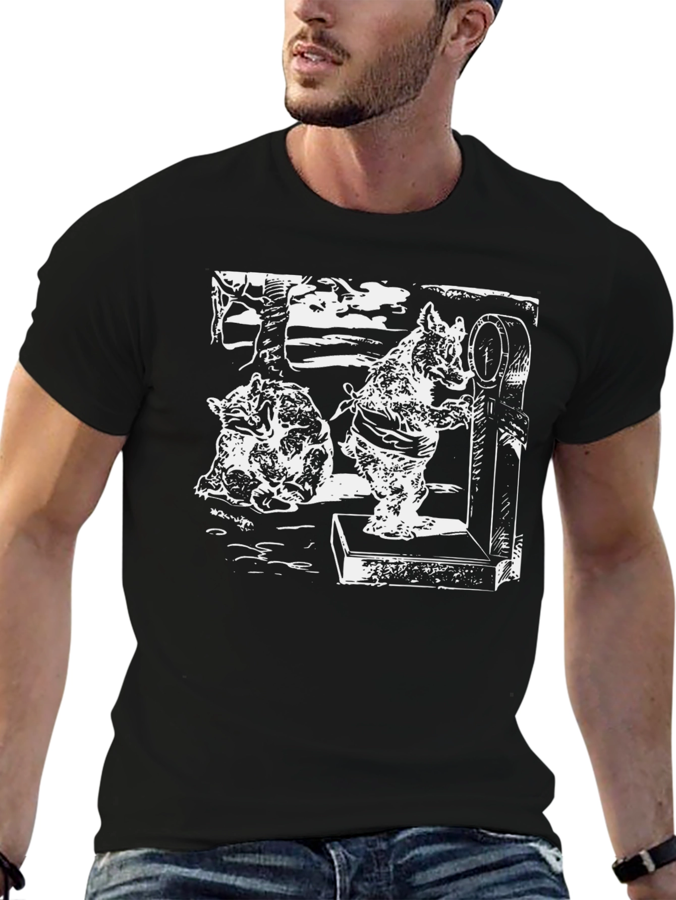 Black T-Shirt with Boar Weighing Drawing