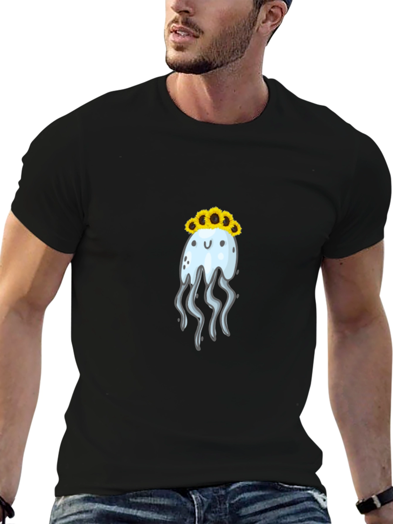 Jellyfish Sunflower Crown Black T-Shirt