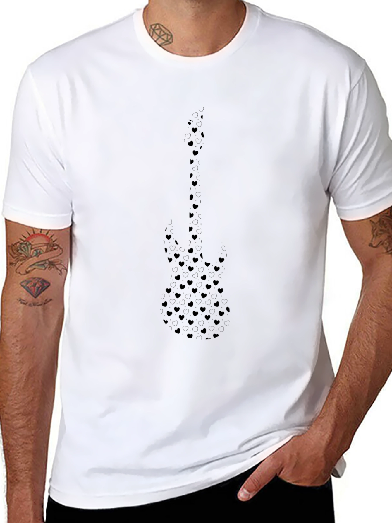 Black Guitar Heart Pattern T-Shirt