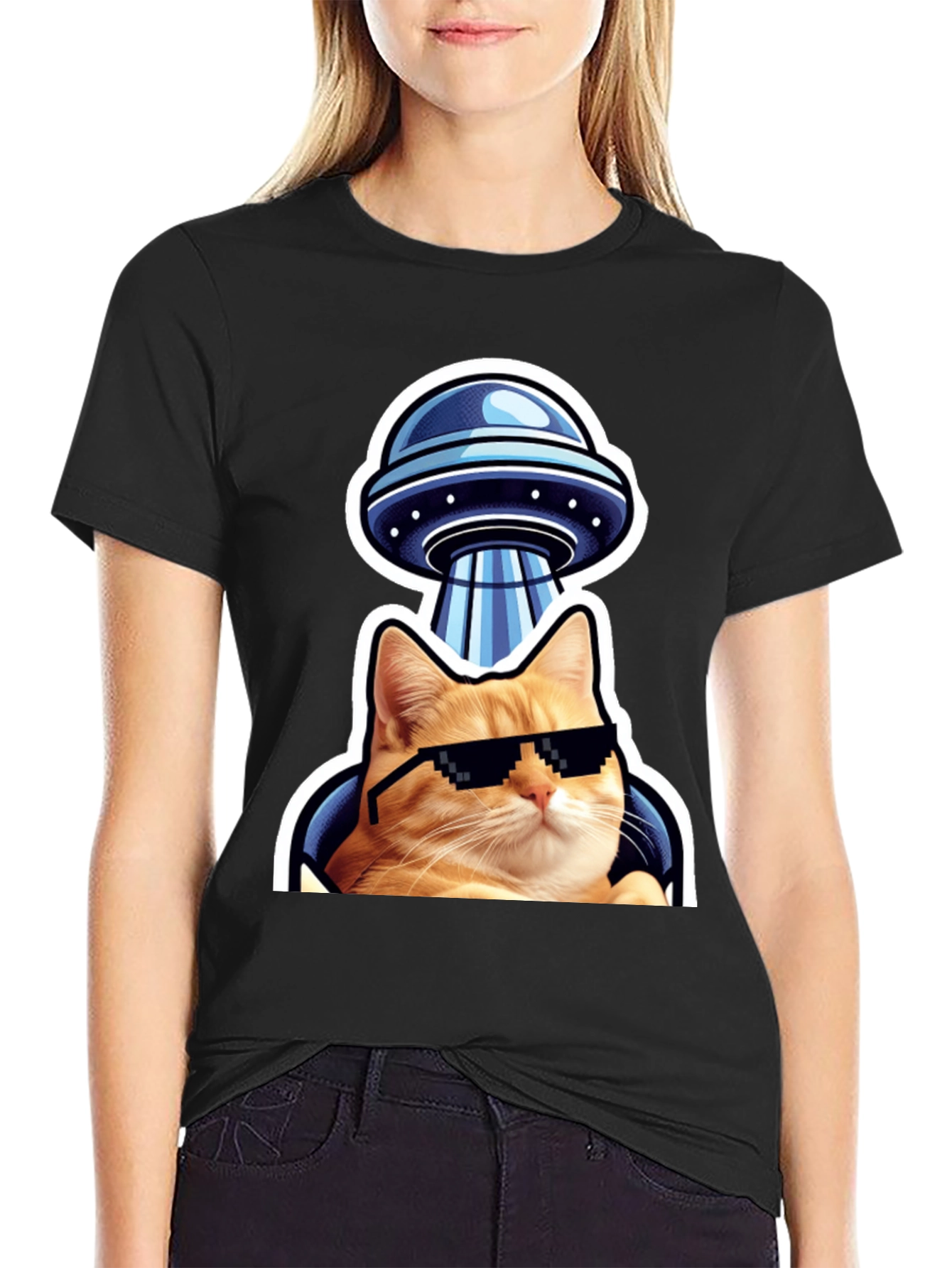 Cool Cat UFO T-Shirt - Black Cotton Tee