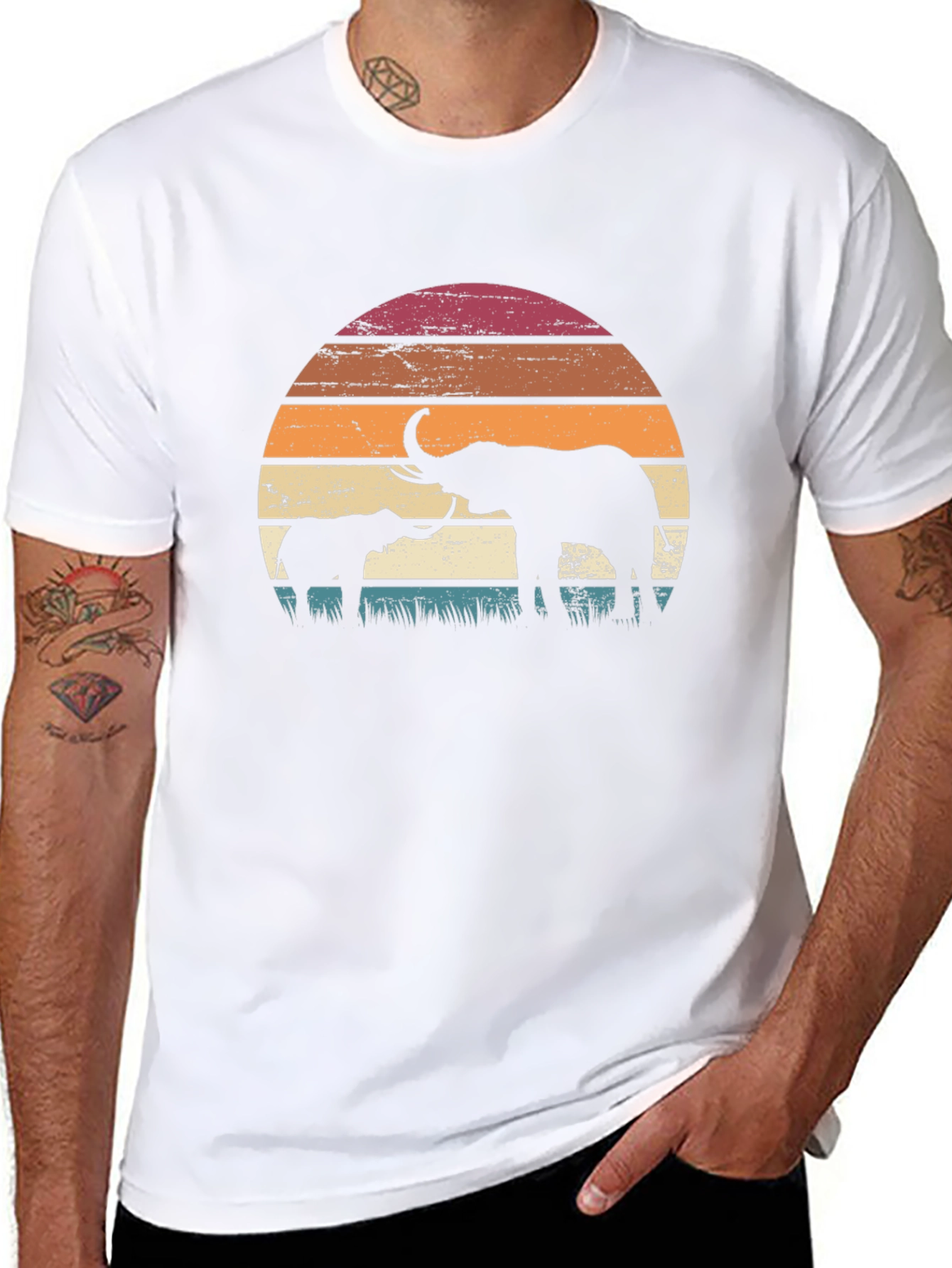 Elephant Sunset Graphic Tee - Retro Style