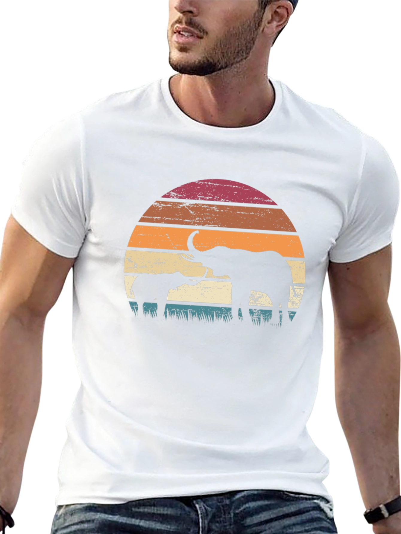 Elephant Sunset Graphic Tee - Retro Style
