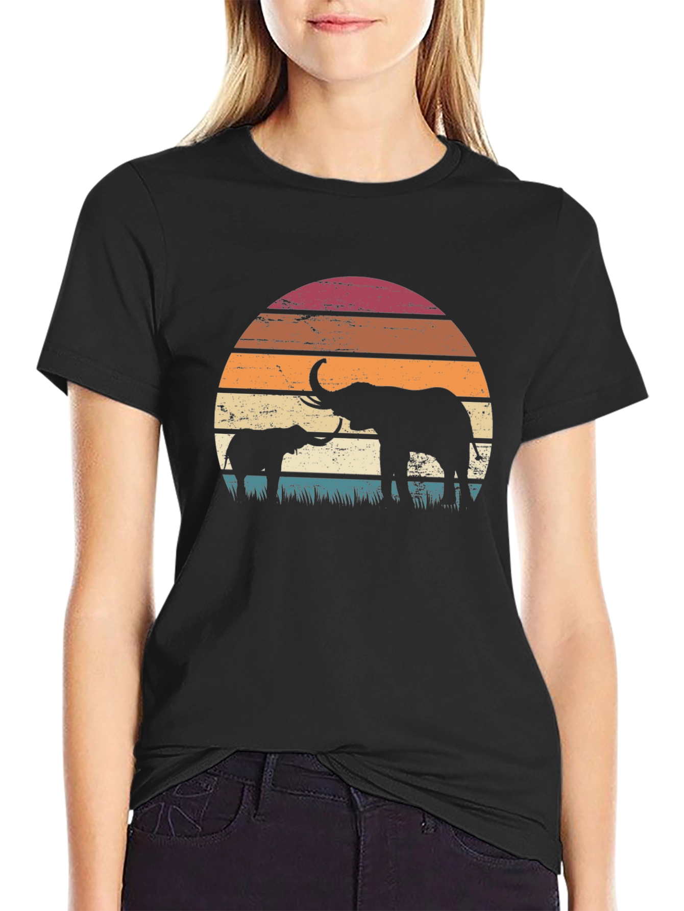 Elephant Sunset Graphic Tee - Retro Style
