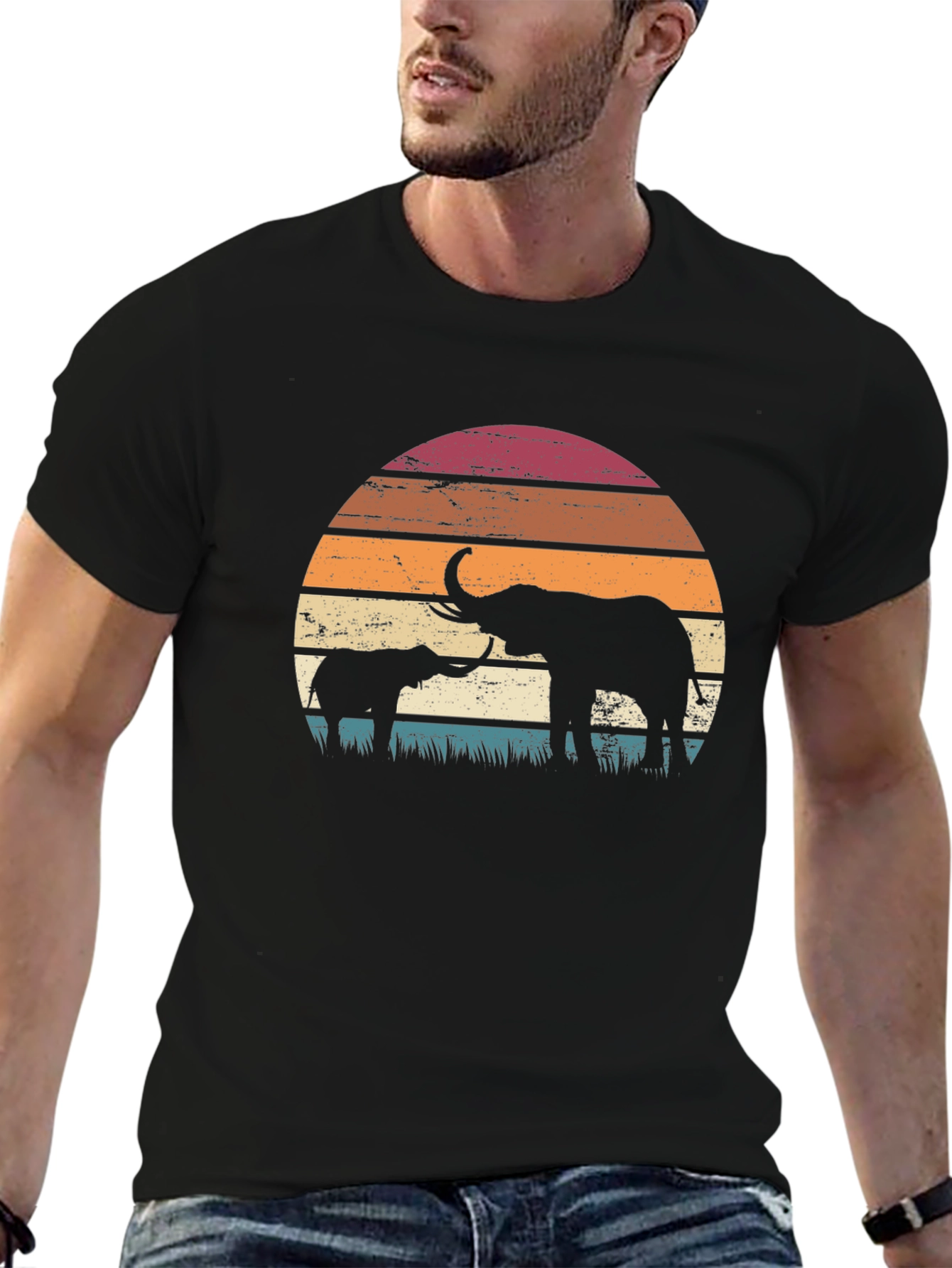 Elephant Sunset Graphic Tee - Retro Style
