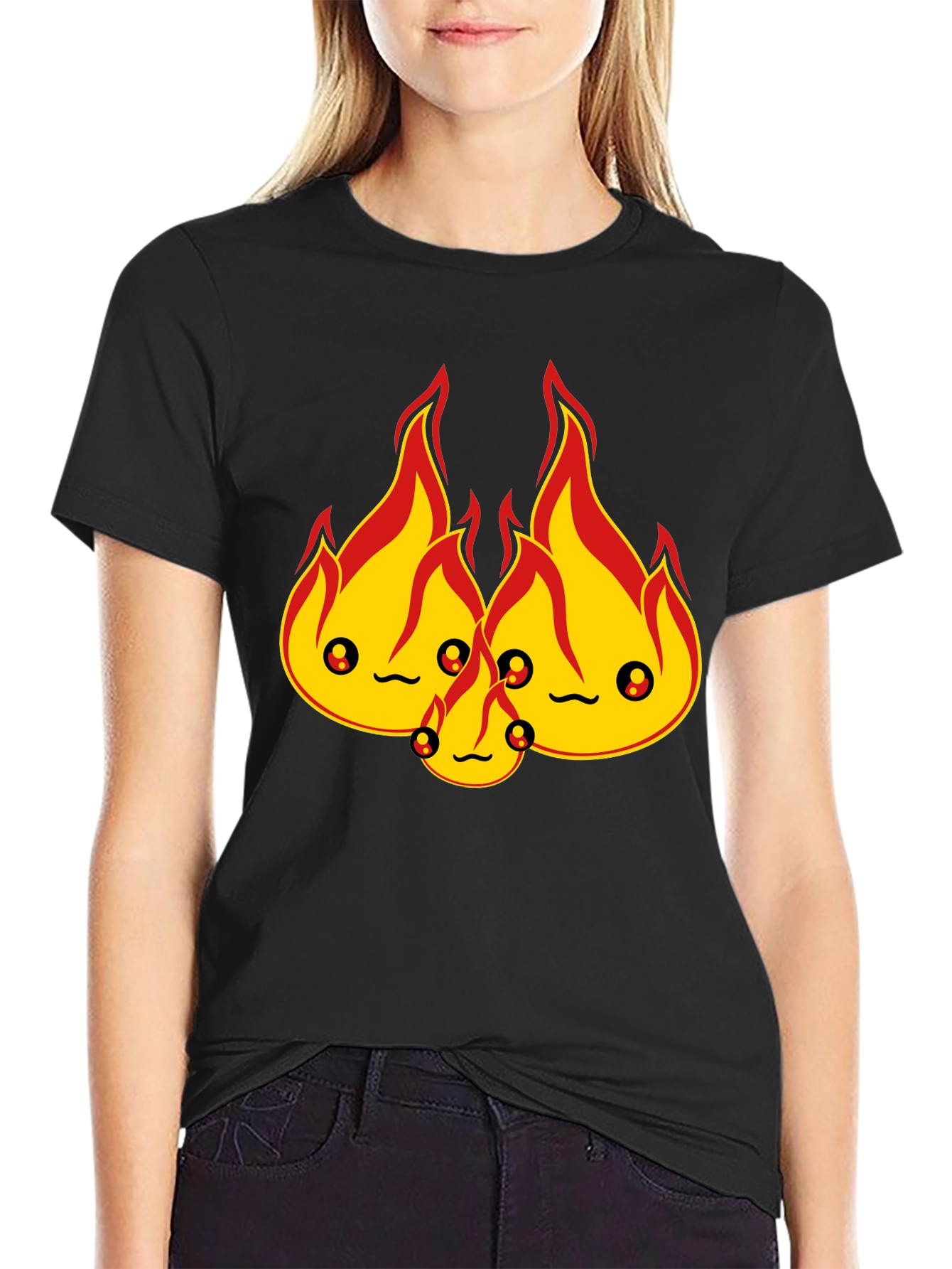 Cute Flame Character Black T-Shirt