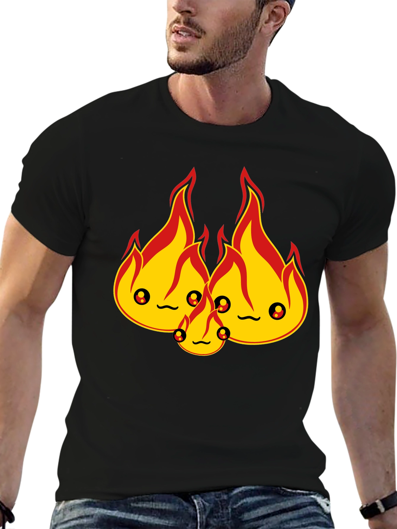 Cute Flame Character Black T-Shirt