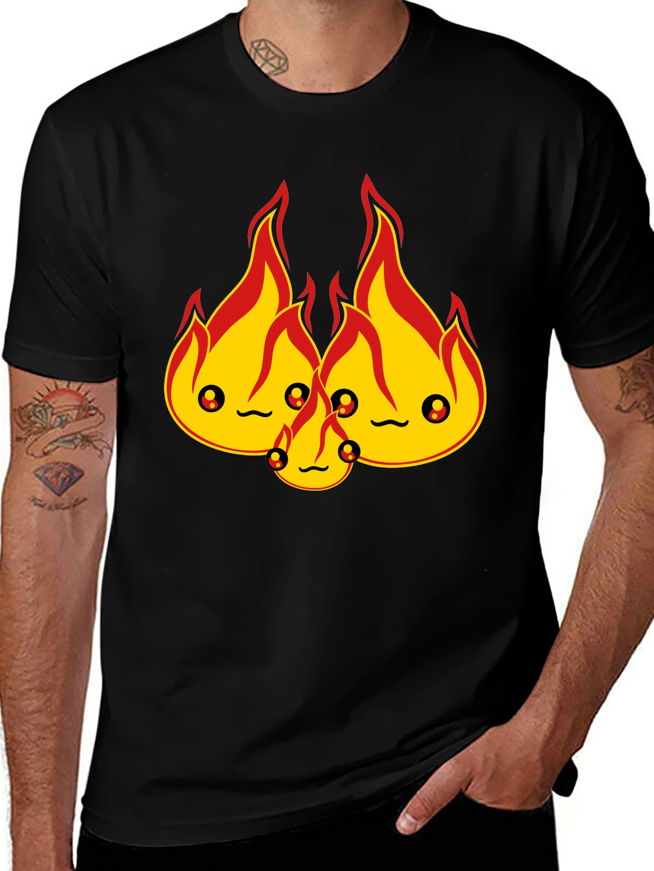 Cute Flame Character Black T-Shirt
