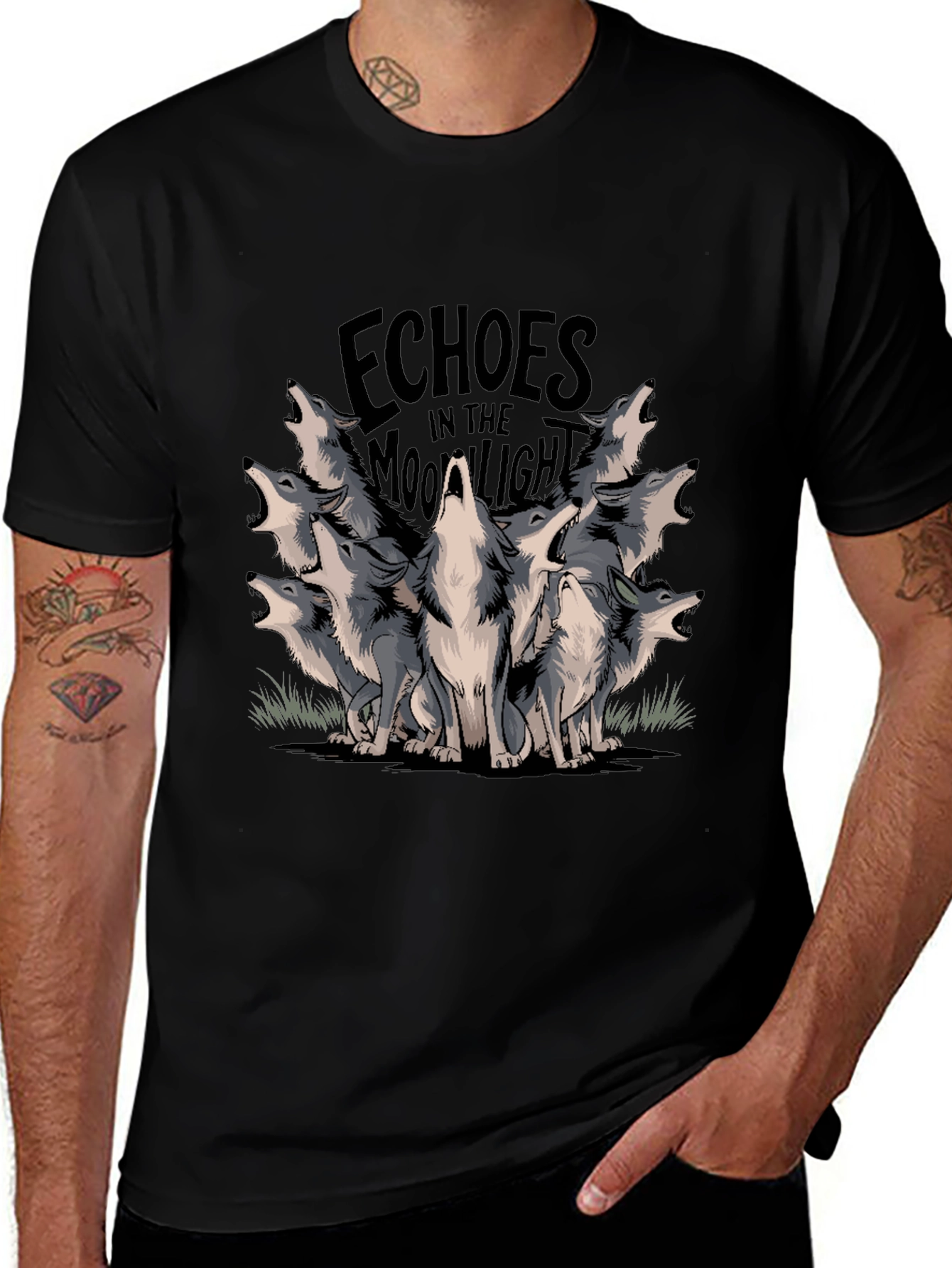 Echoes Moonlight Wolves Black T-Shirt Graphic Tee
