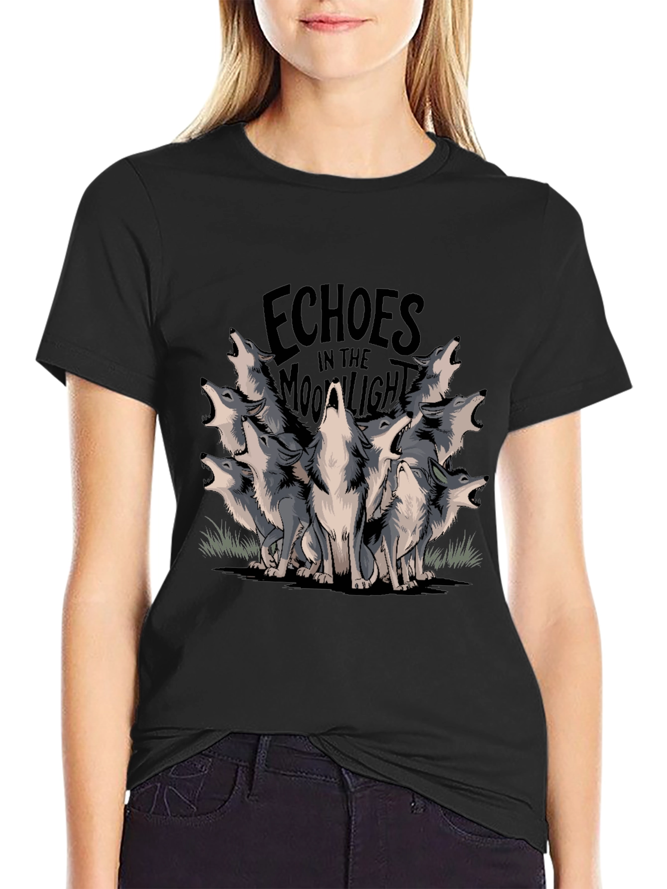 Echoes Moonlight Wolves Black T-Shirt Graphic Tee