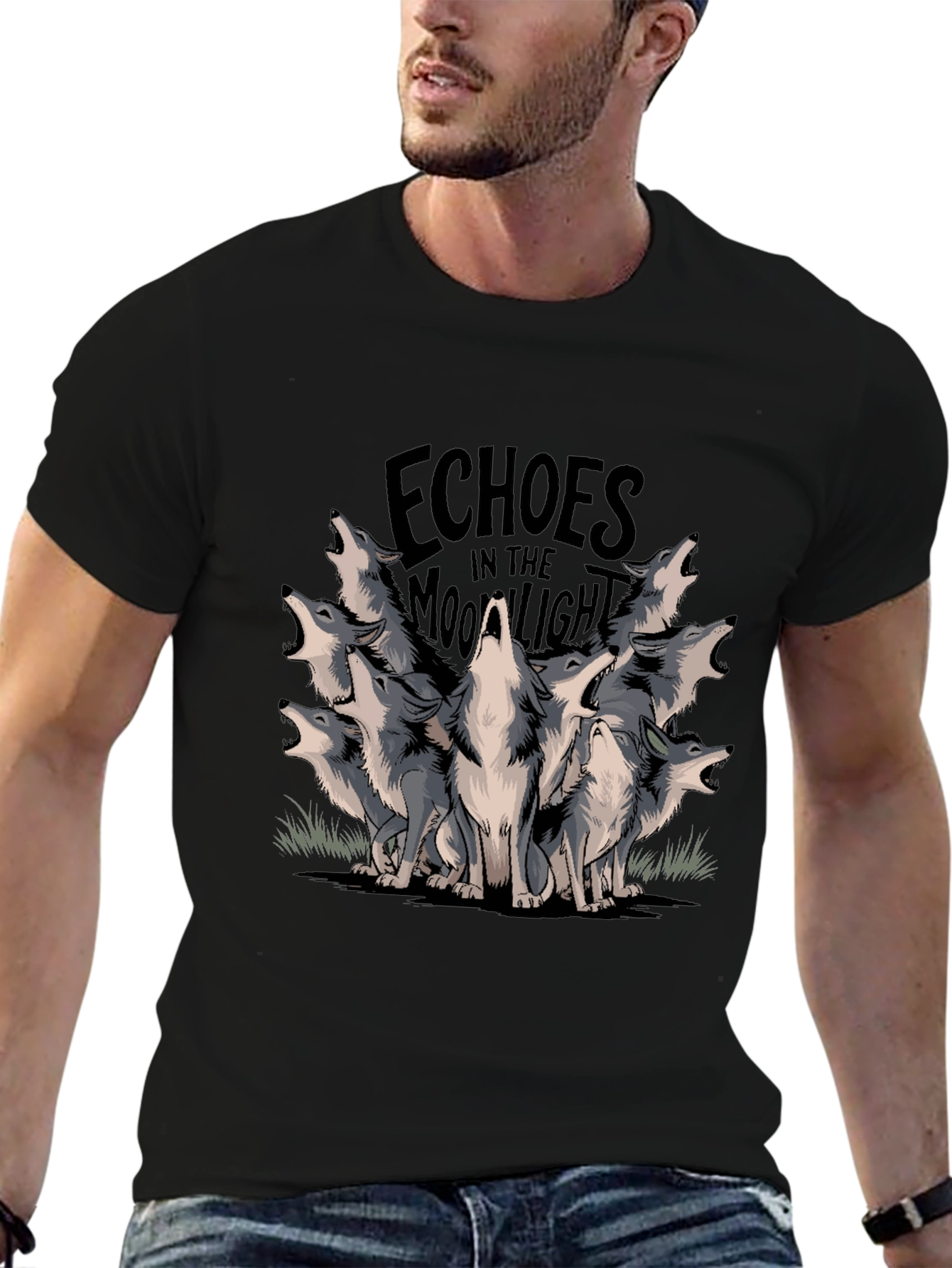 Echoes Moonlight Wolves Black T-Shirt Graphic Tee