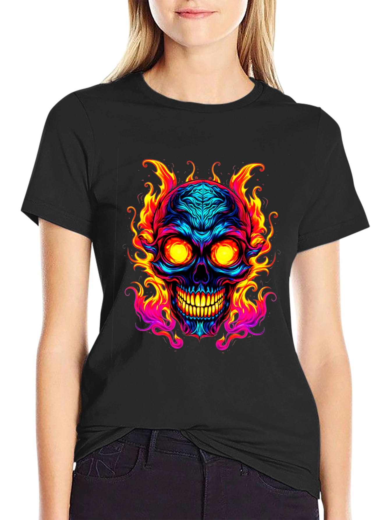 Flaming Skull Graphic Tee - Black