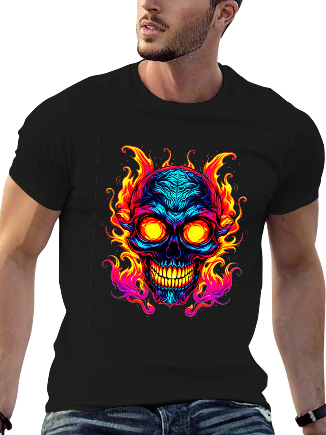 Flaming Skull Graphic Tee - Black