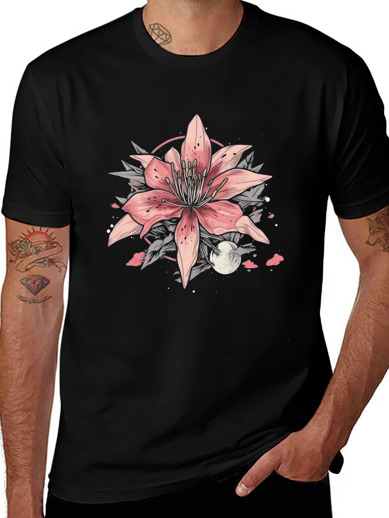 Floral Lily Graphic Tee - Stylish Black T-Shirt