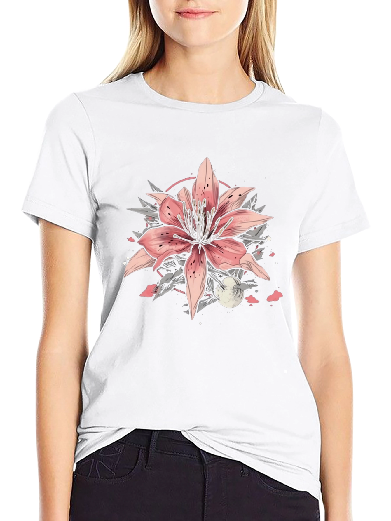 Floral Lily Graphic Tee - Stylish Black T-Shirt