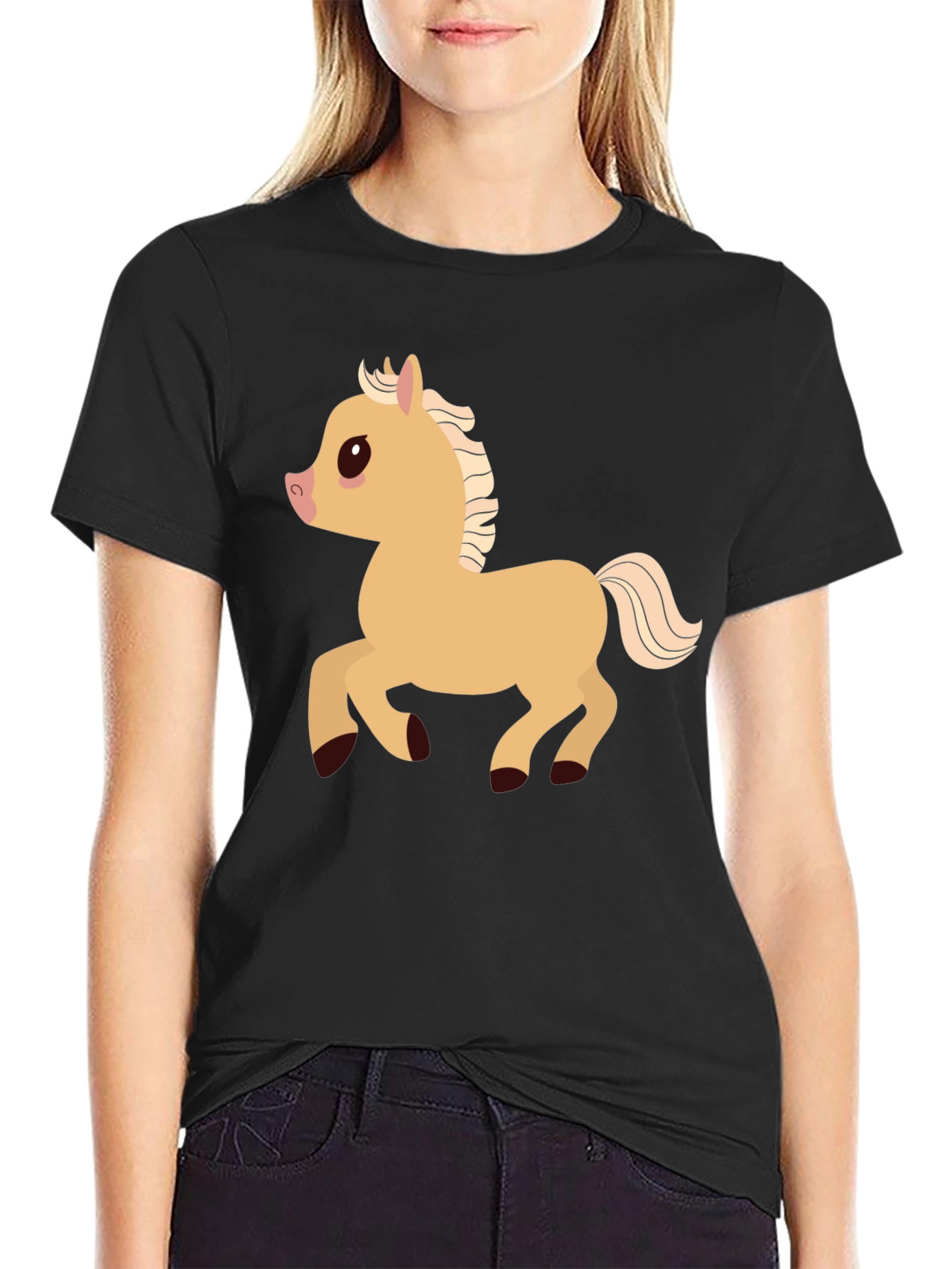 Cartoon Pony Graphic T-Shirt - Black Casual Tee