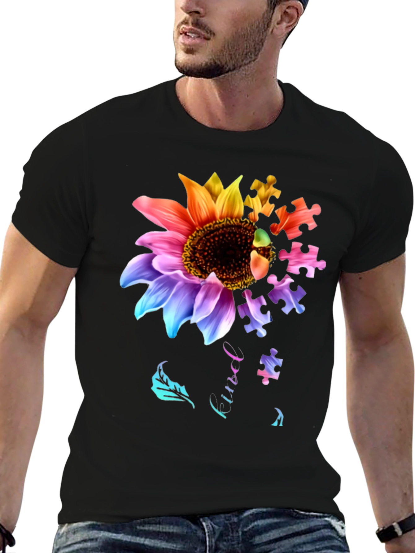 Autism Awareness Sunflower Puzzle Piece Graphic T-Shirt