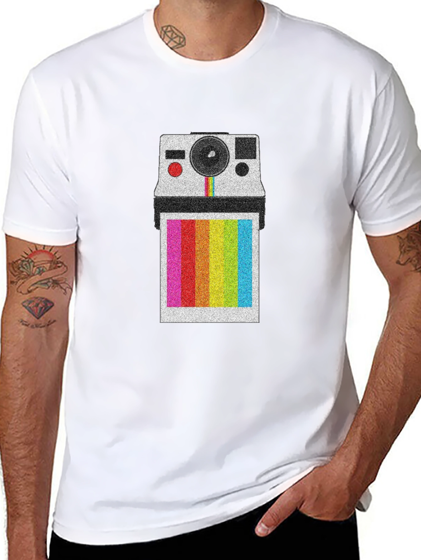 Retro Polaroid Camera T-Shirt - Rainbow Instant Print Design