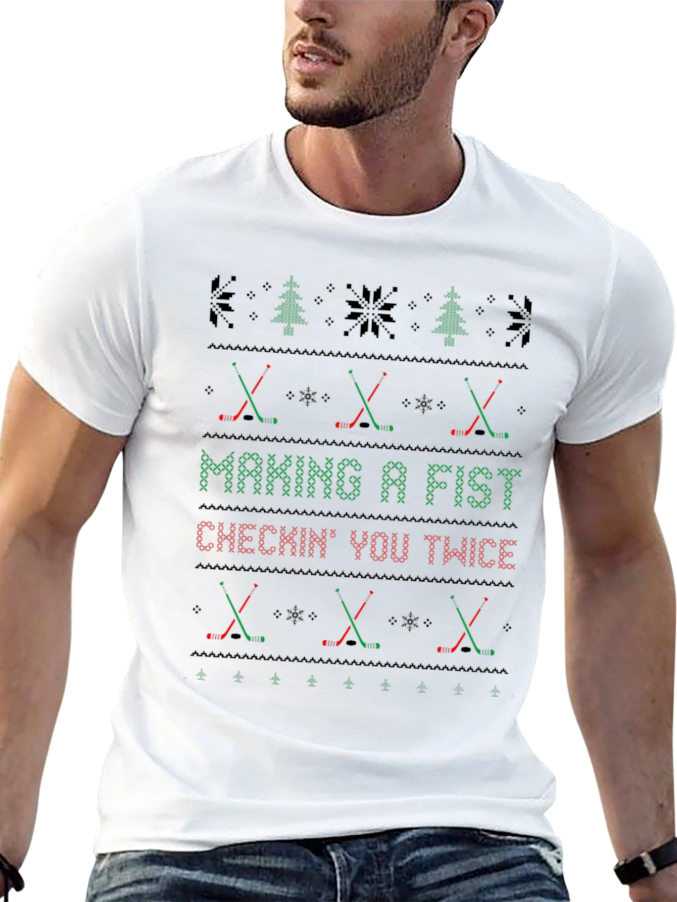 Making a Fist Checkin You Twice Hockey Christmas T-Shirt