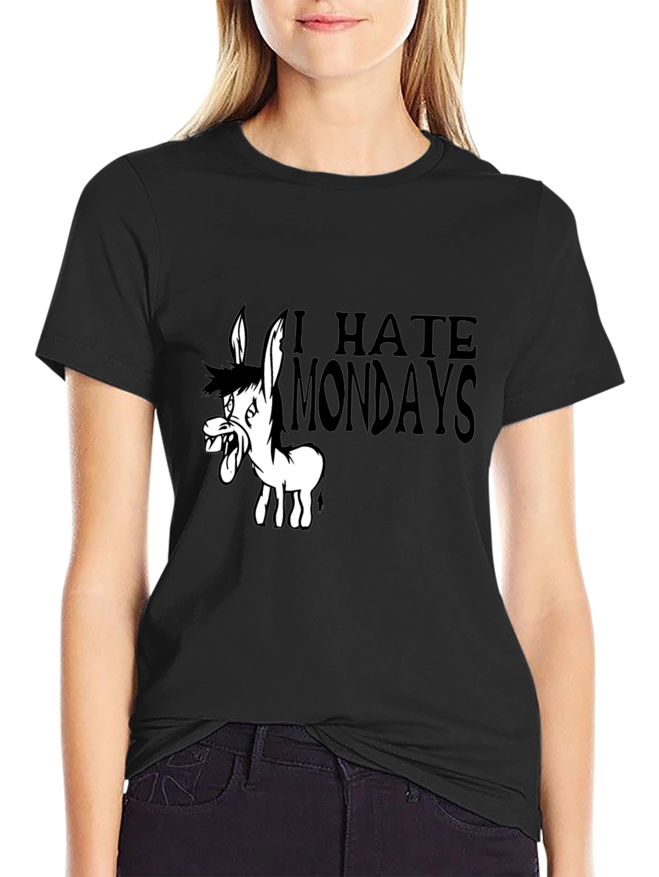 I Hate Mondays Cartoon Donkey Black T-Shirt