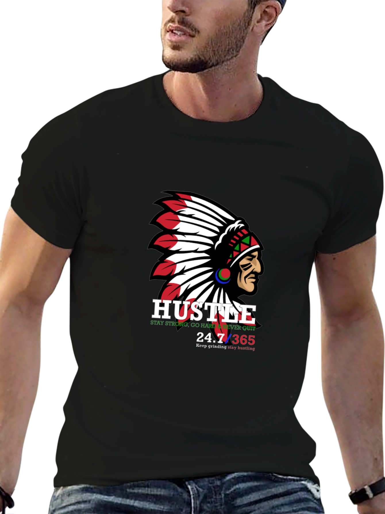 Hustle Native American Chief Graphic T-Shirt