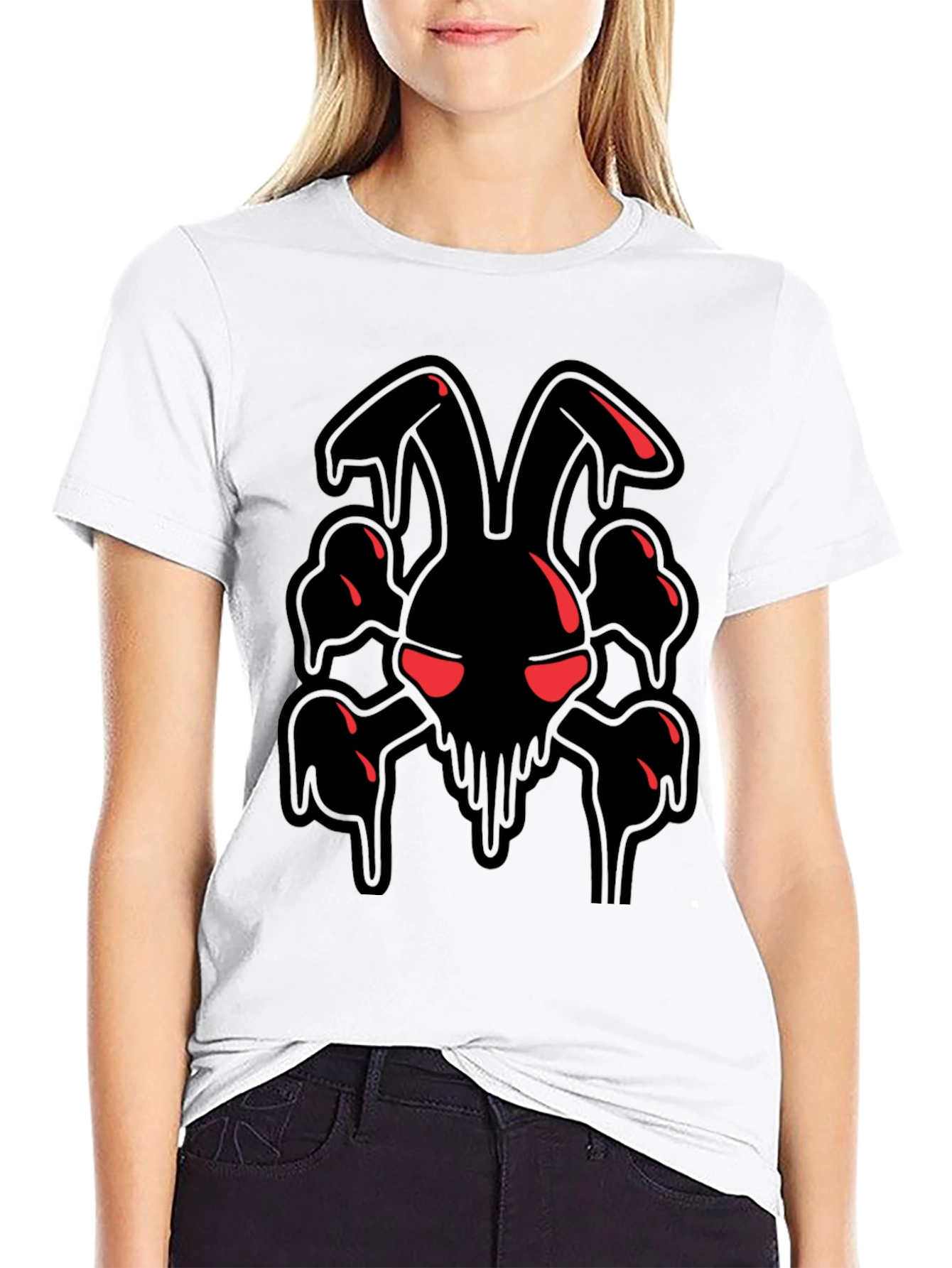 Mens Black Graphic Tee - Edgy Rabbit Skull