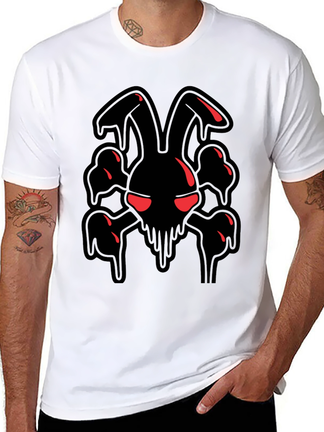 Mens Black Graphic Tee - Edgy Rabbit Skull