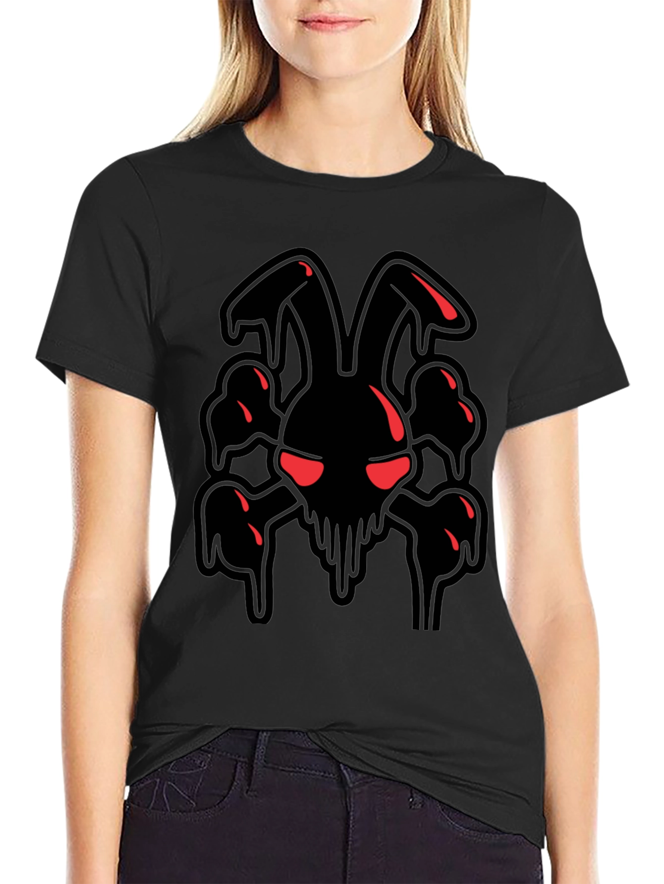 Mens Black Graphic Tee - Edgy Rabbit Skull