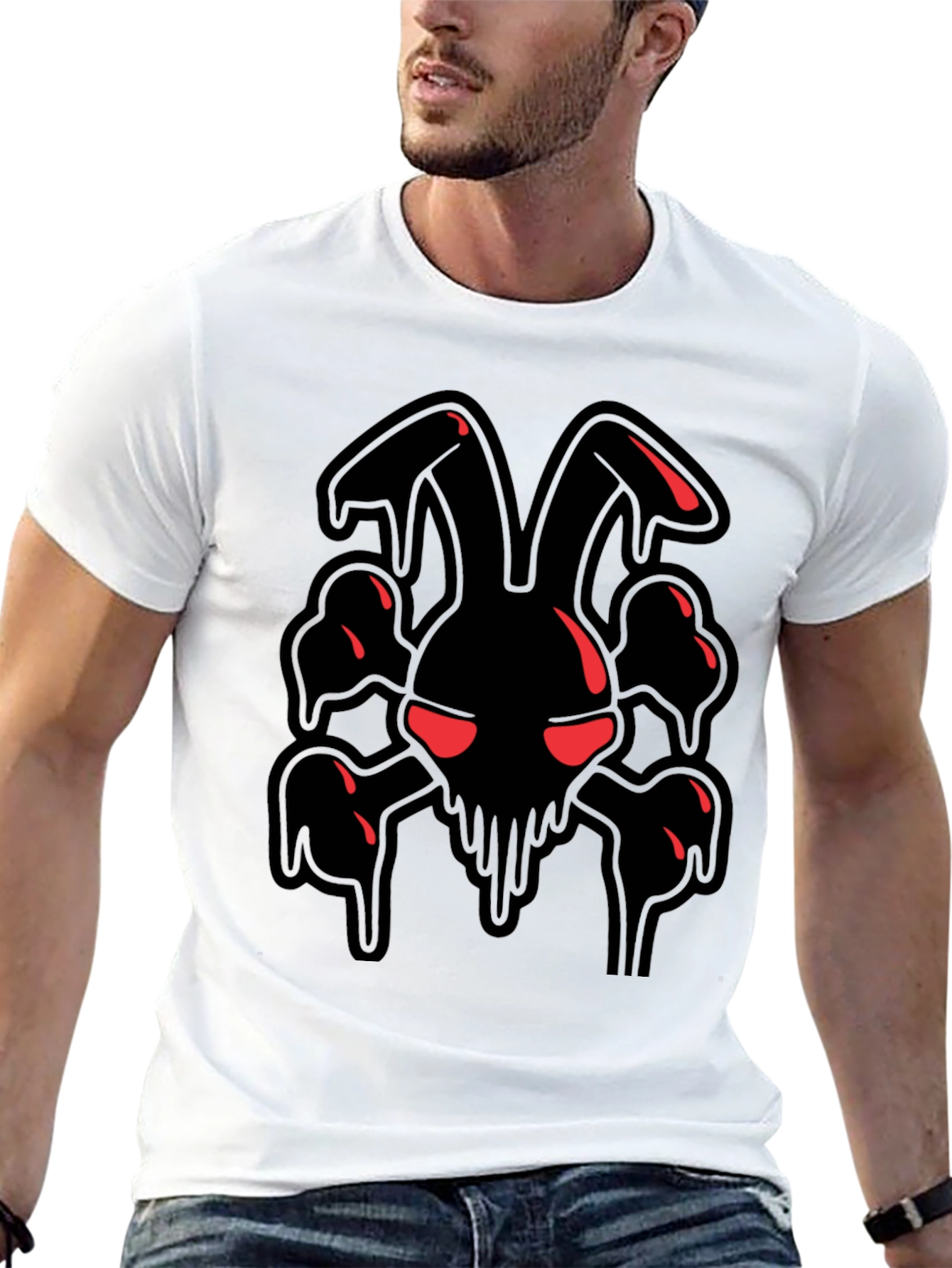 Mens Black Graphic Tee - Edgy Rabbit Skull